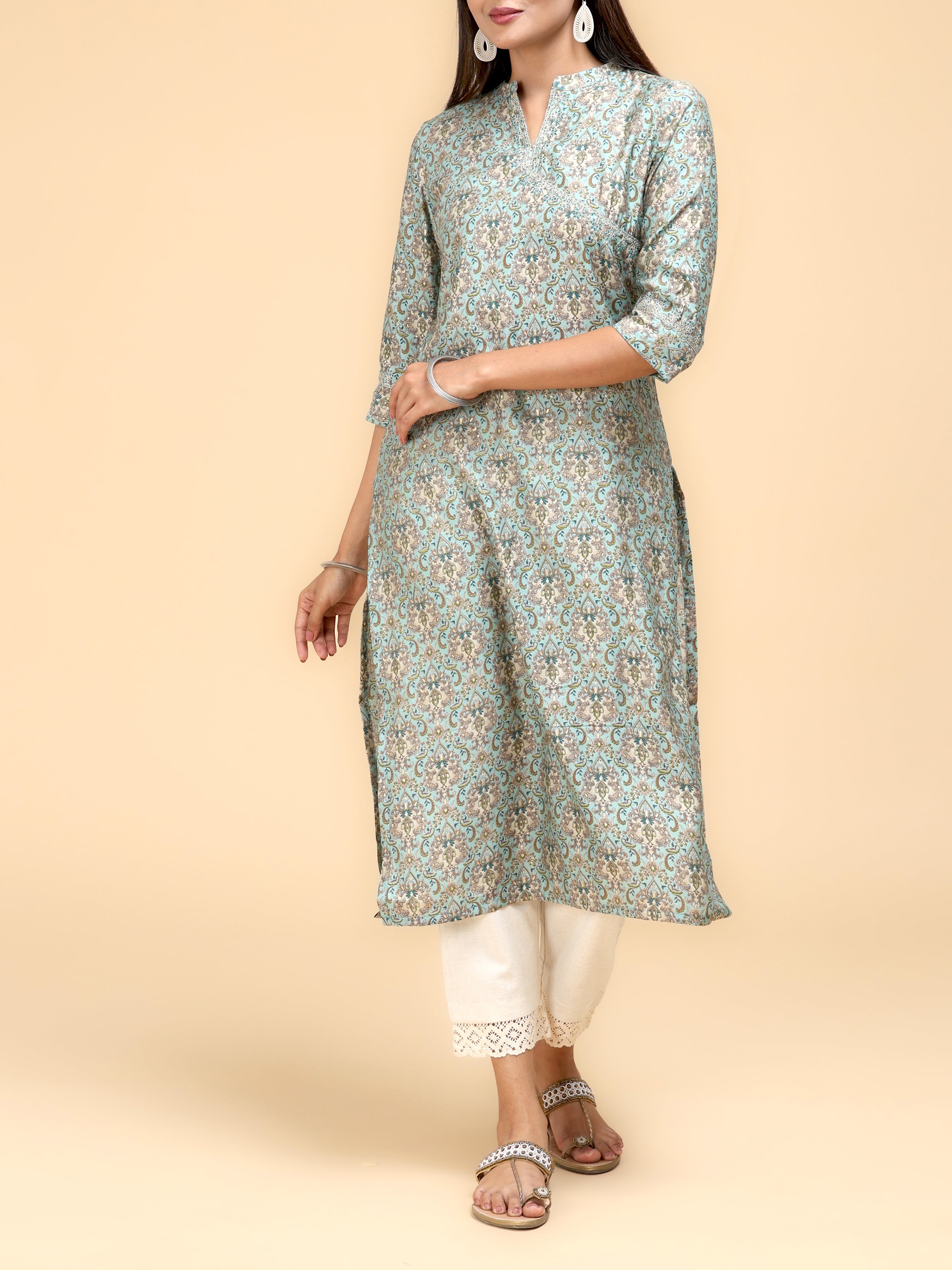 Aqua Green Modal Chanderi Kurti With Print