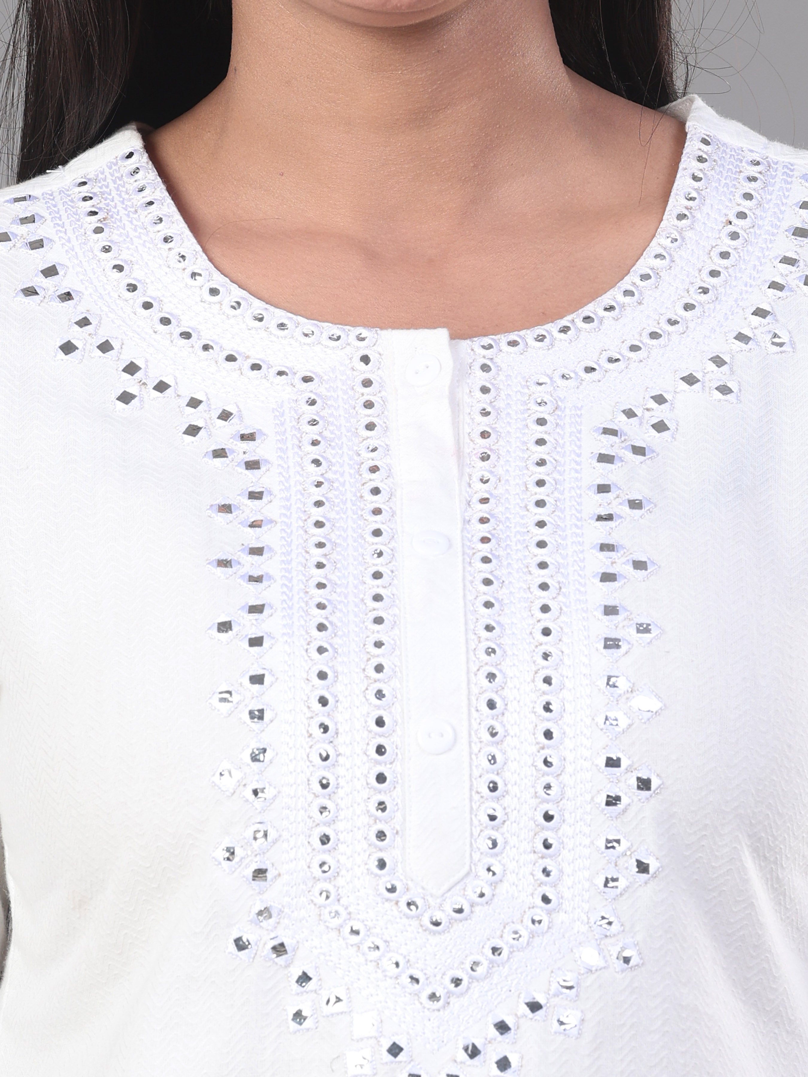 White Cotton Jacquard Kurti With Embroidery