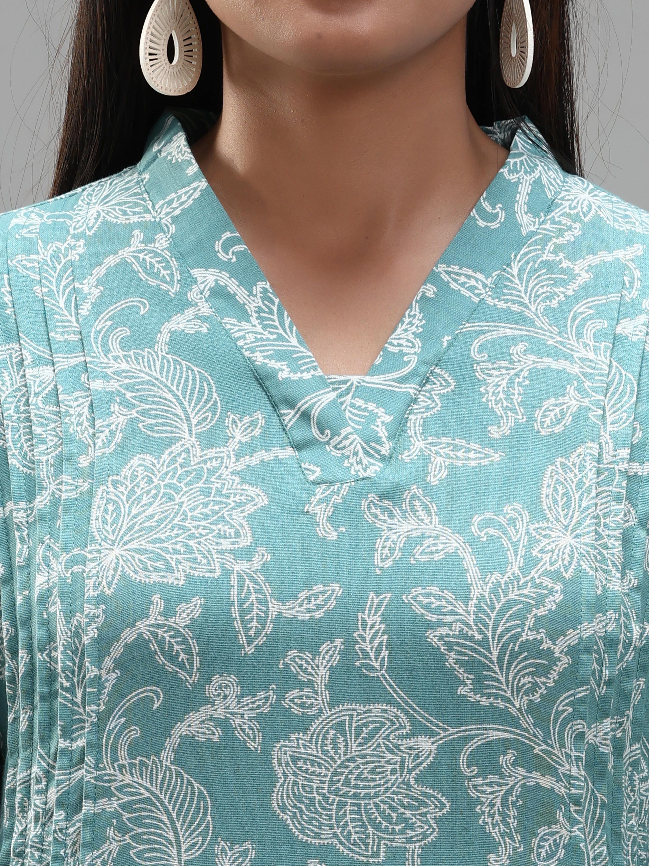 Women Wearing Teal Blue Cotton Flax Kurti With Print