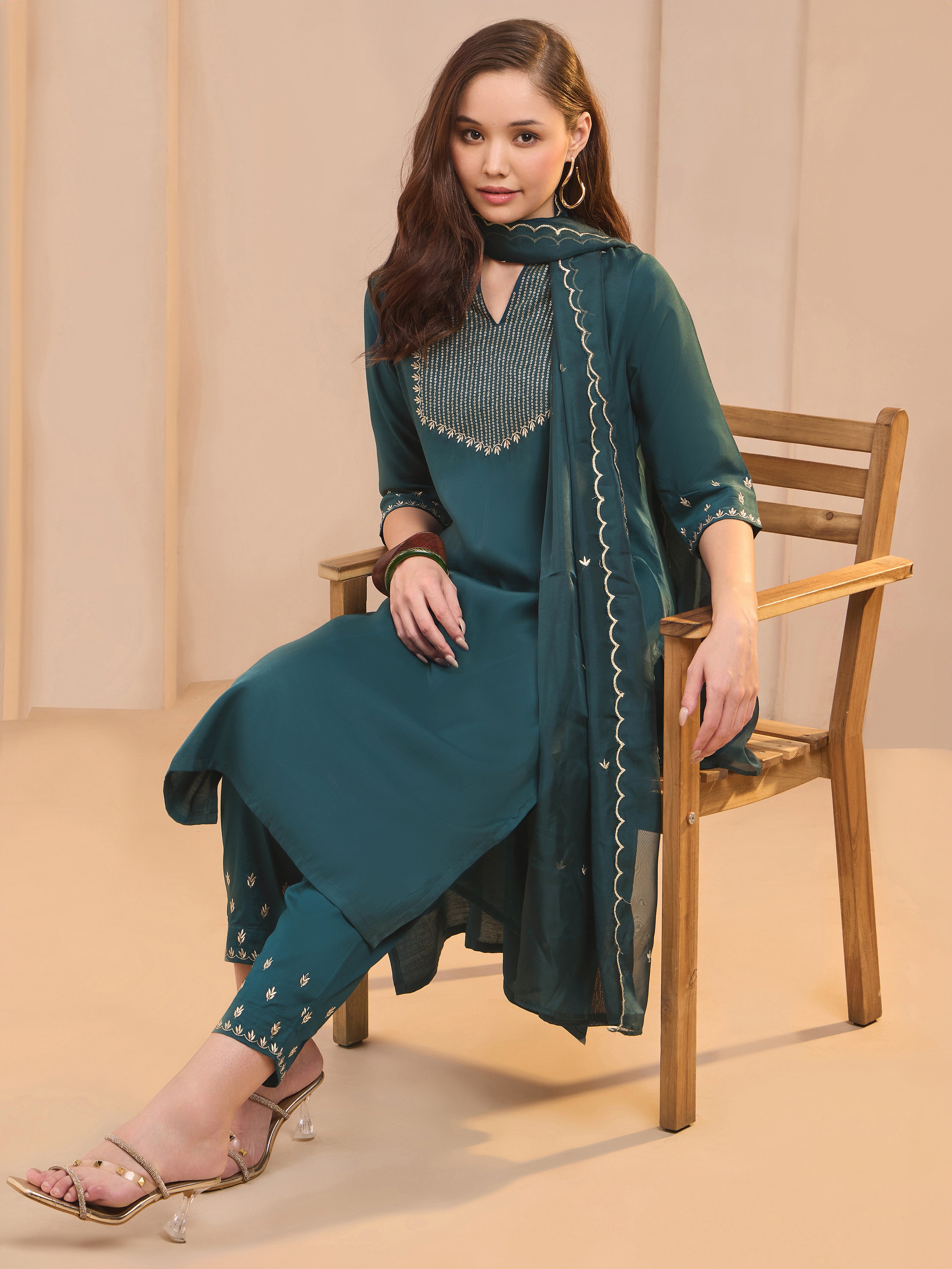 Teal Viscose Blend Kurti Set & Dupatta With Sequins Embroidery