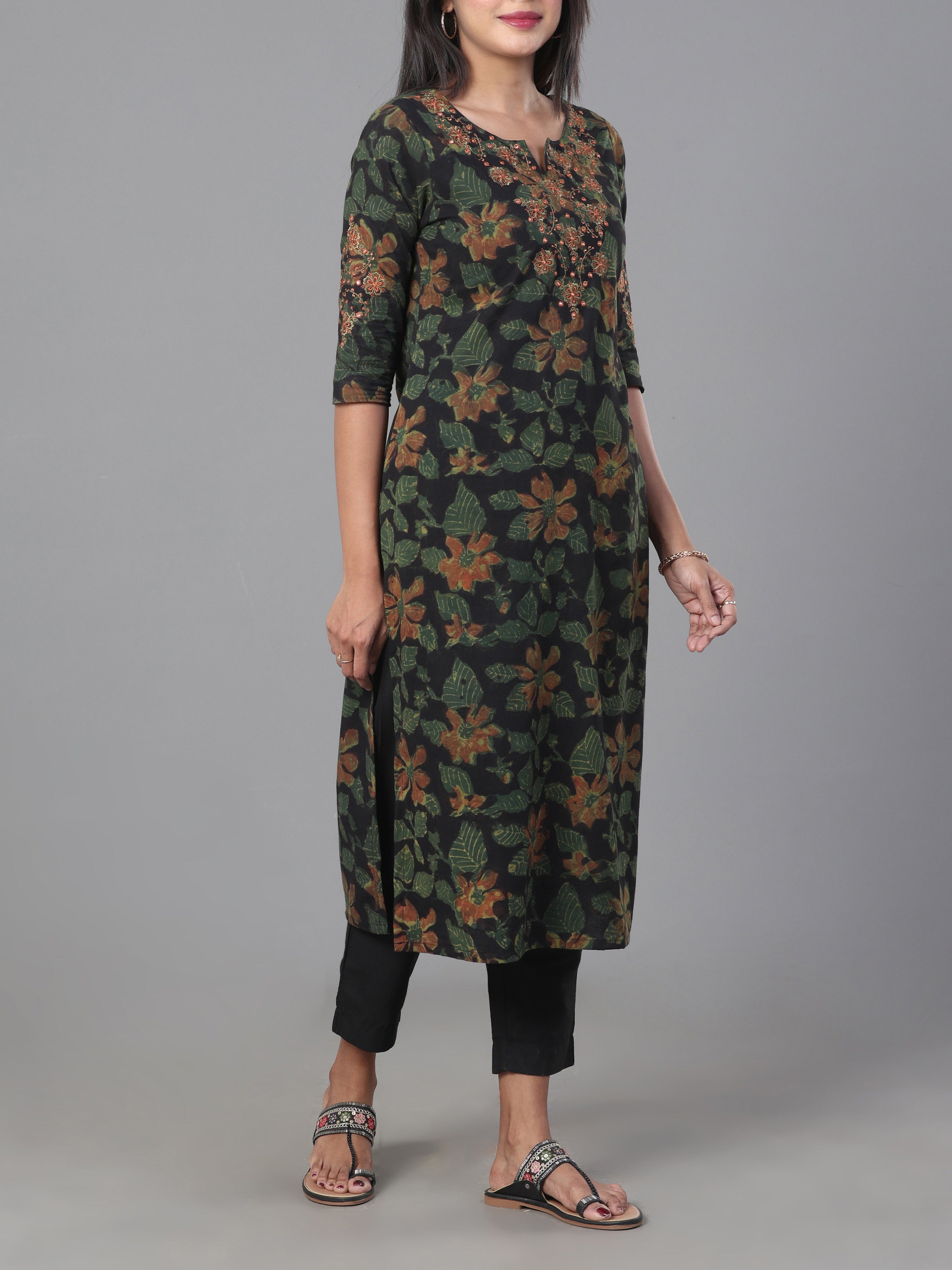 Black Pure Cotton Printed Kurti With Embroidery