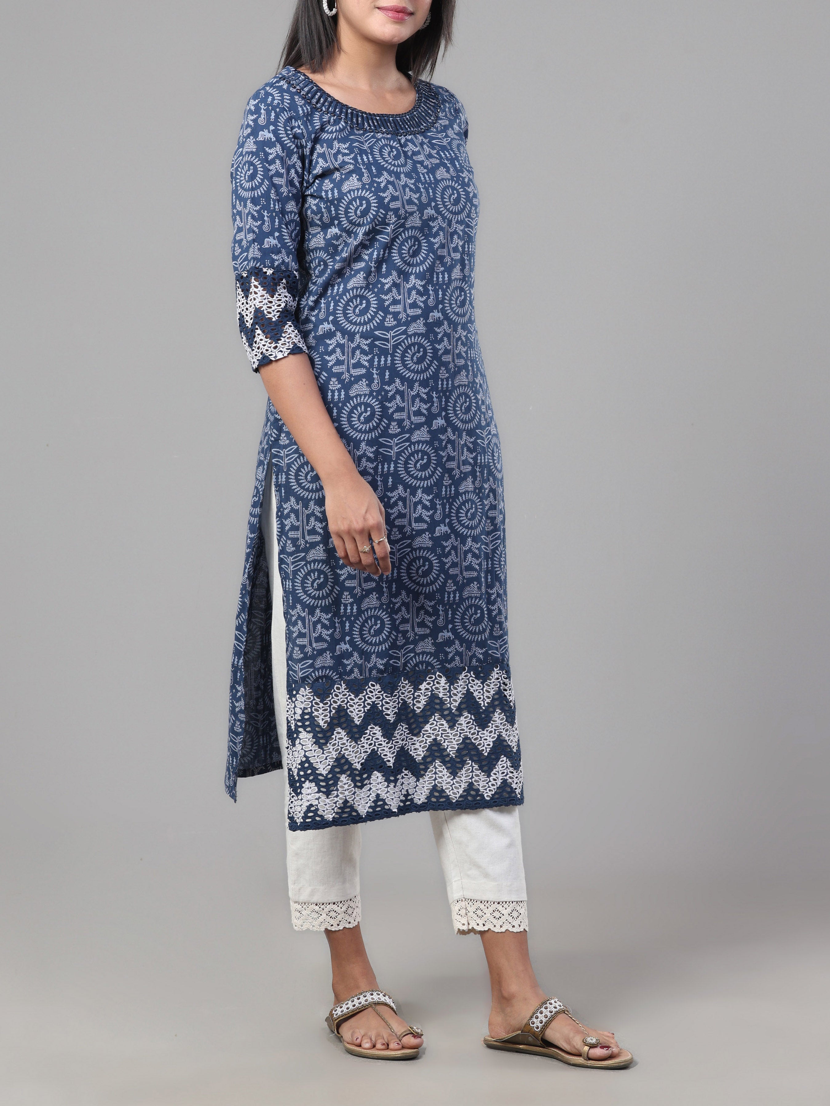 Navy Blue Pure Cotton Printed Kurti With Mirror Work