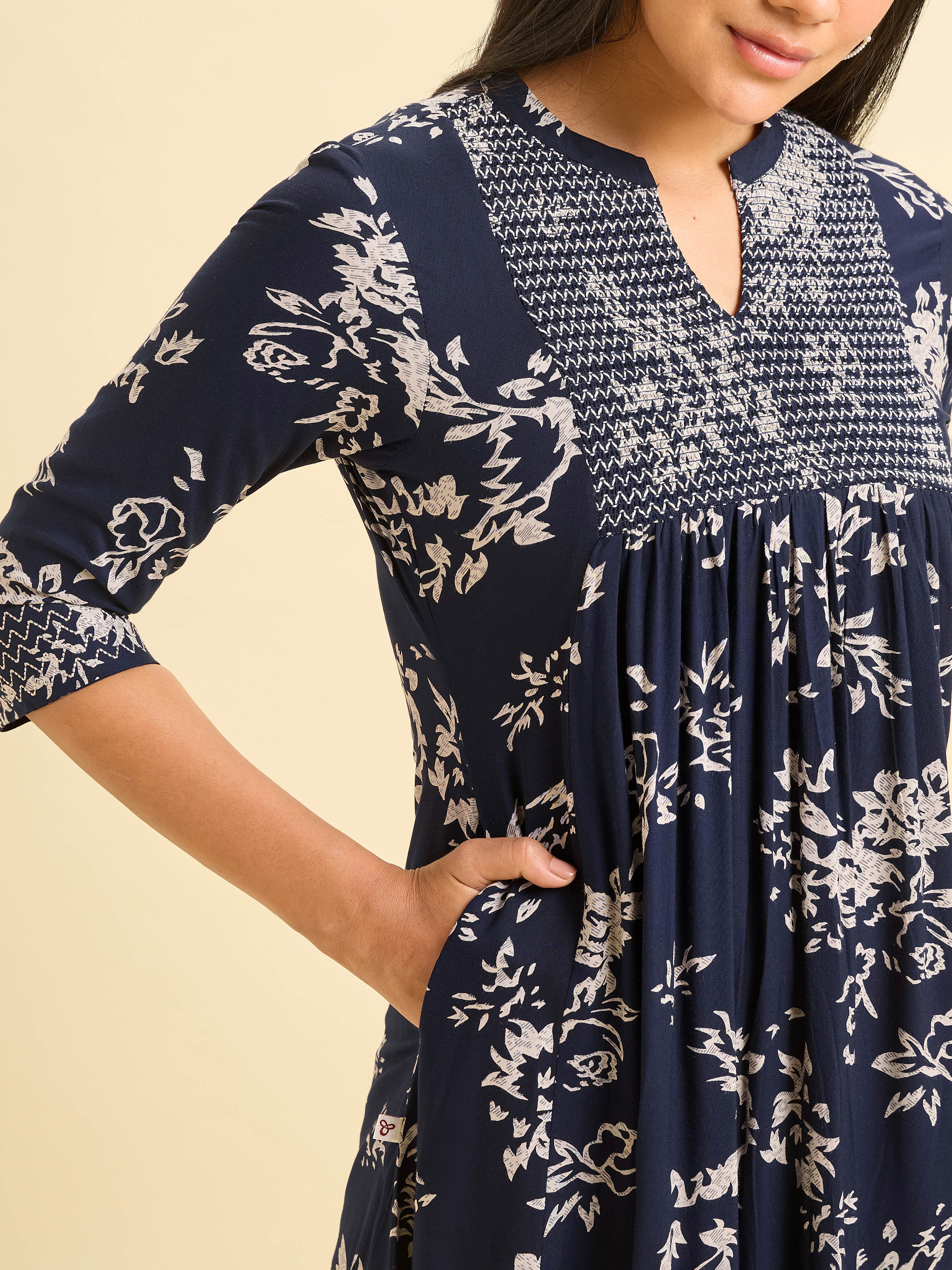 Navy Blue And Ivory Viscose Printed Flared Kurti With Smocking Embroidery