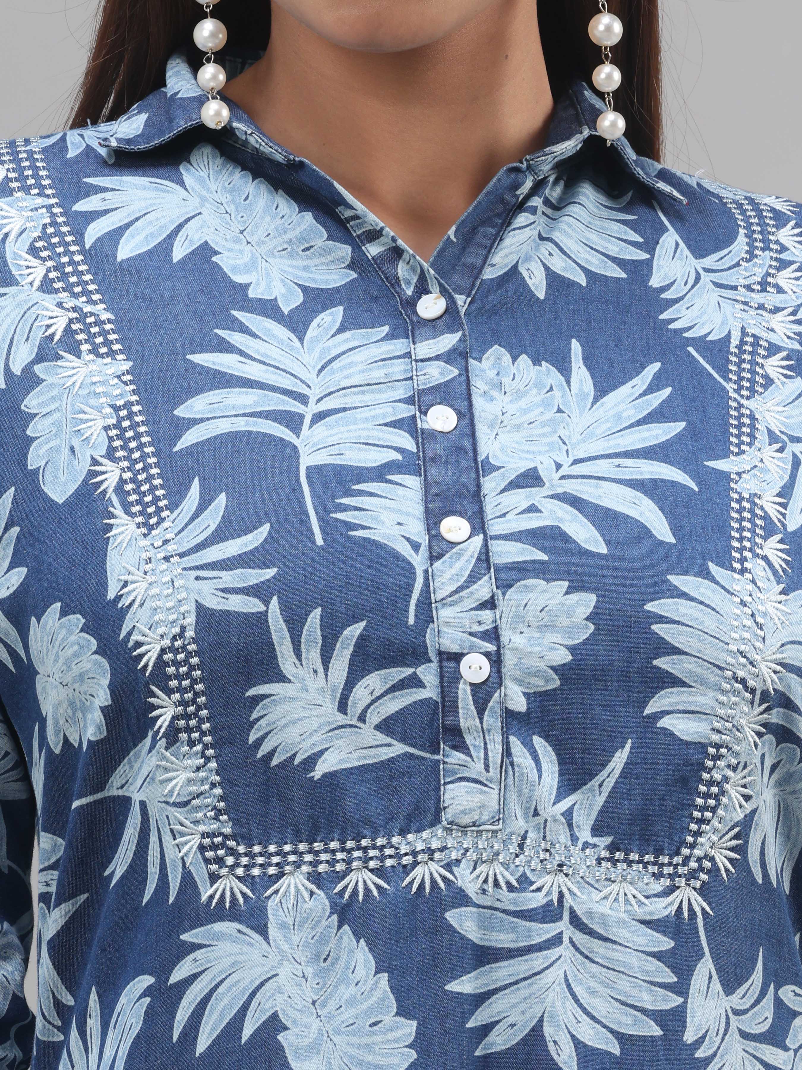 Denim Printed Kurti With Embroidery