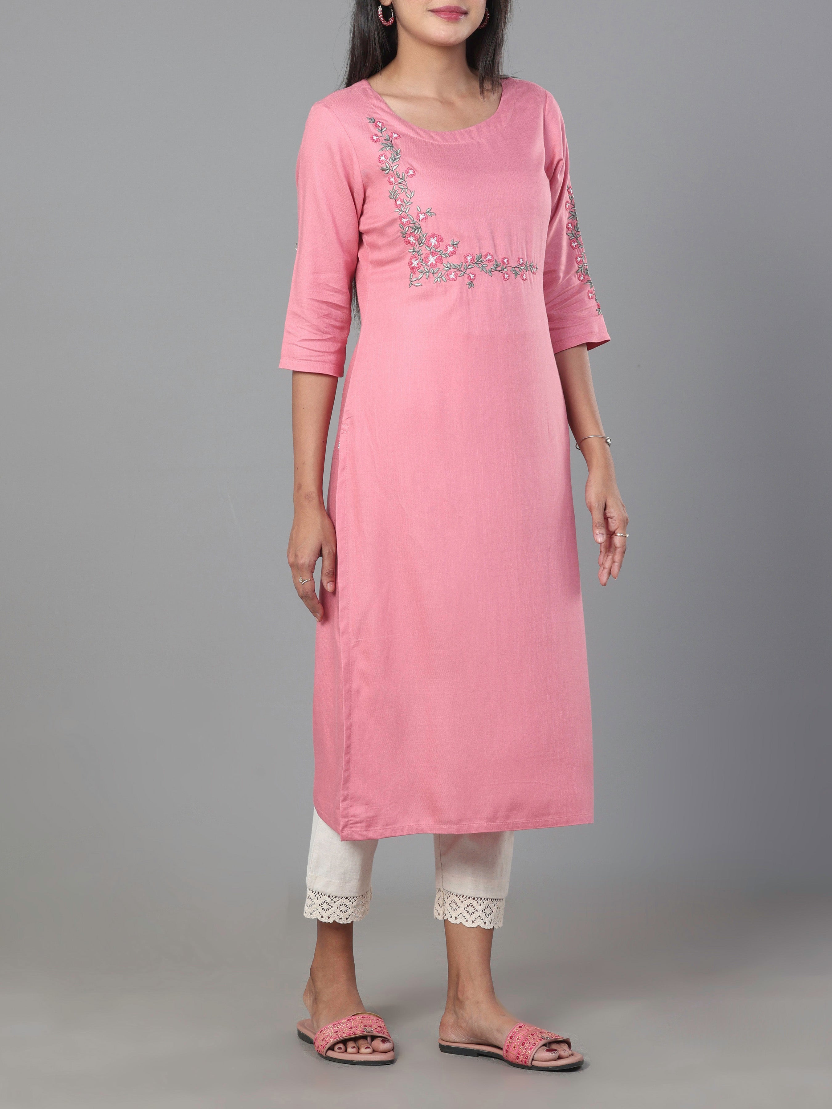 Pink Viscose Twill Plain Kurti With Embroidery