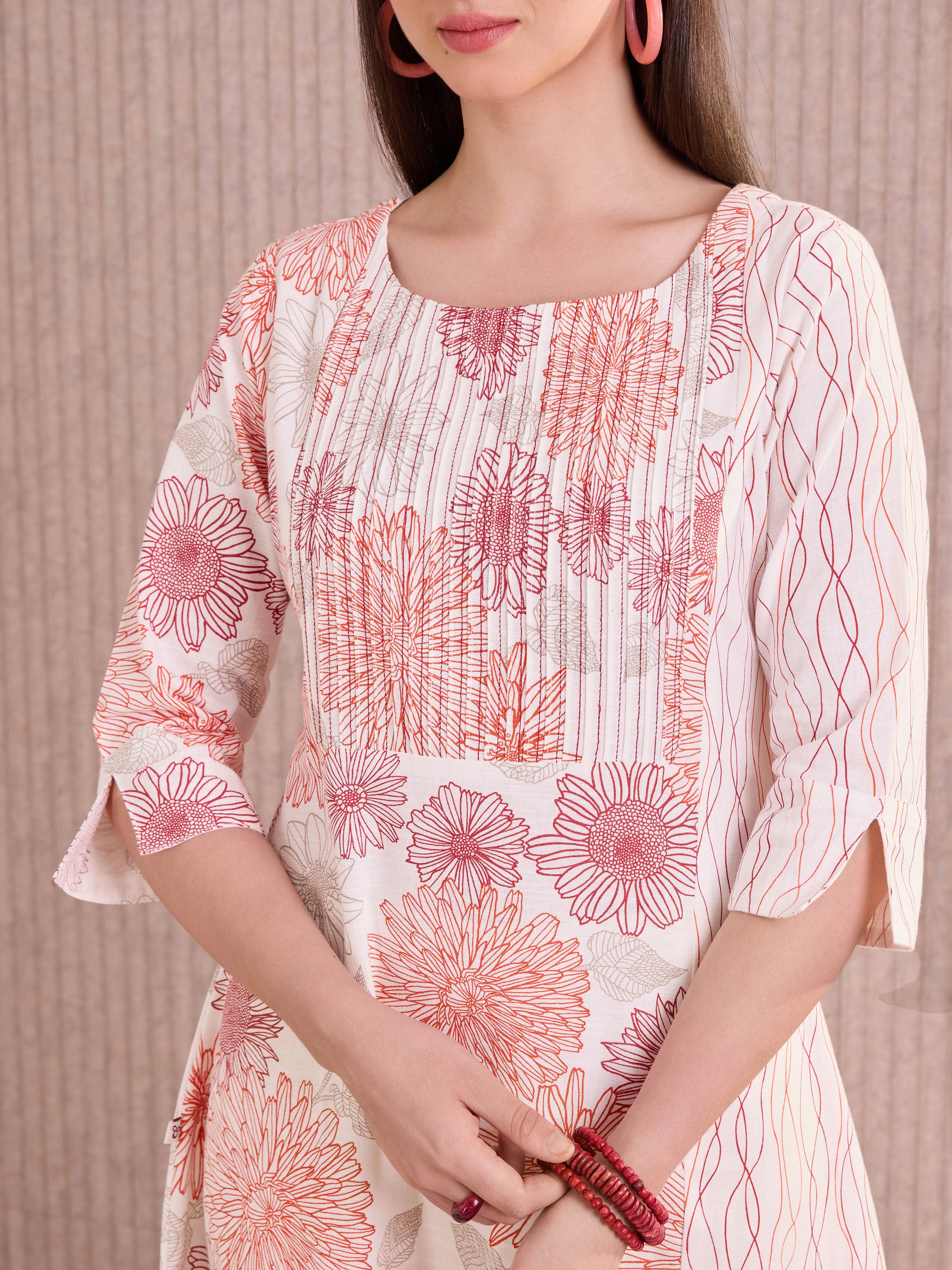 White Cotton Flax printed Kurti With Embroidery.