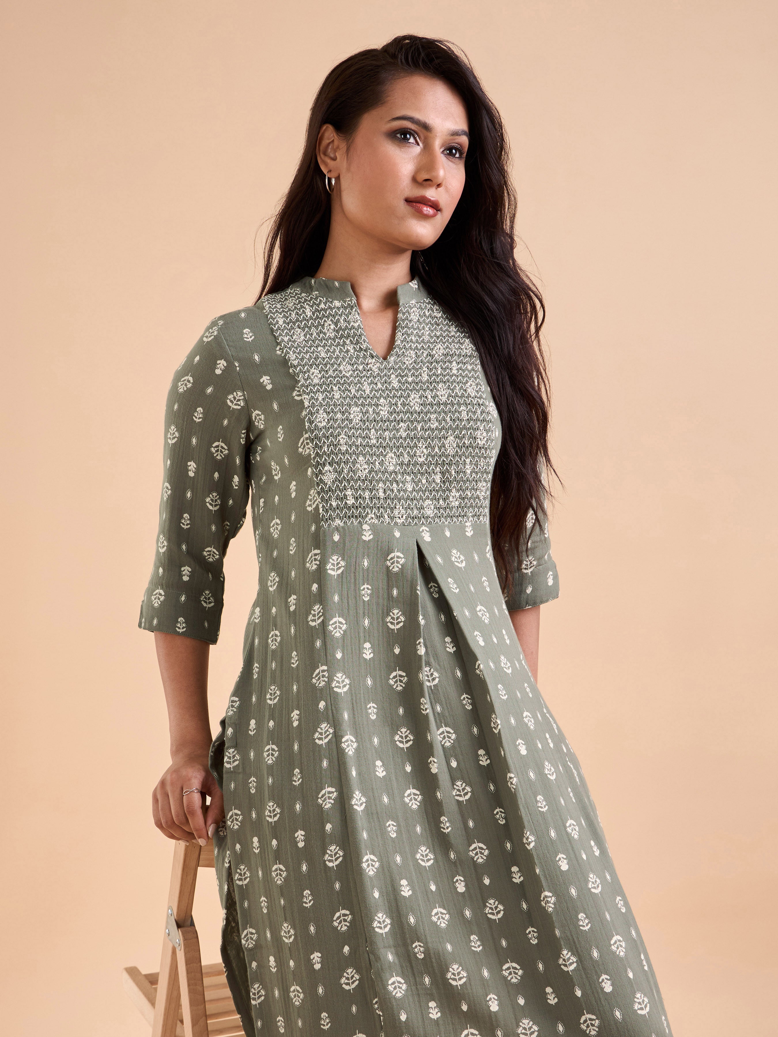 Olive Green Pure Cotton Double Cloth Printed Kurti With Smocking