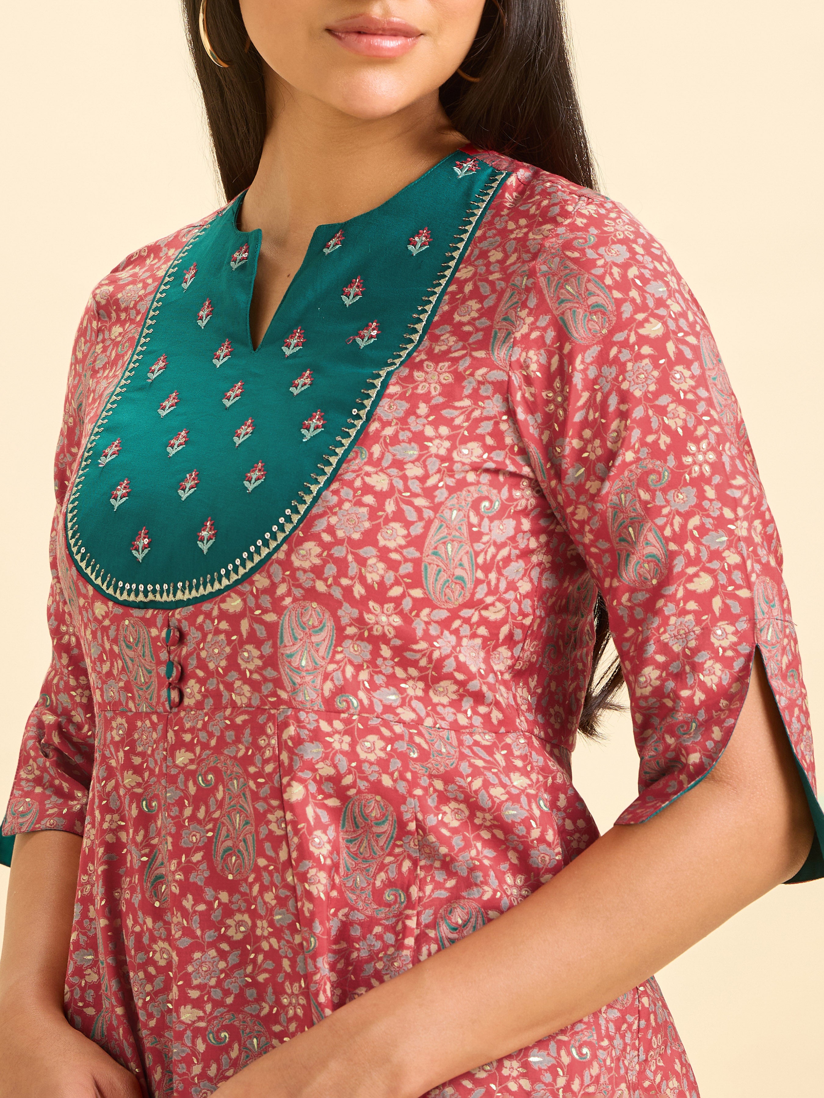 Red Modal Chanderi Kali Cut Kurti Set With Embroidery Sequins Work