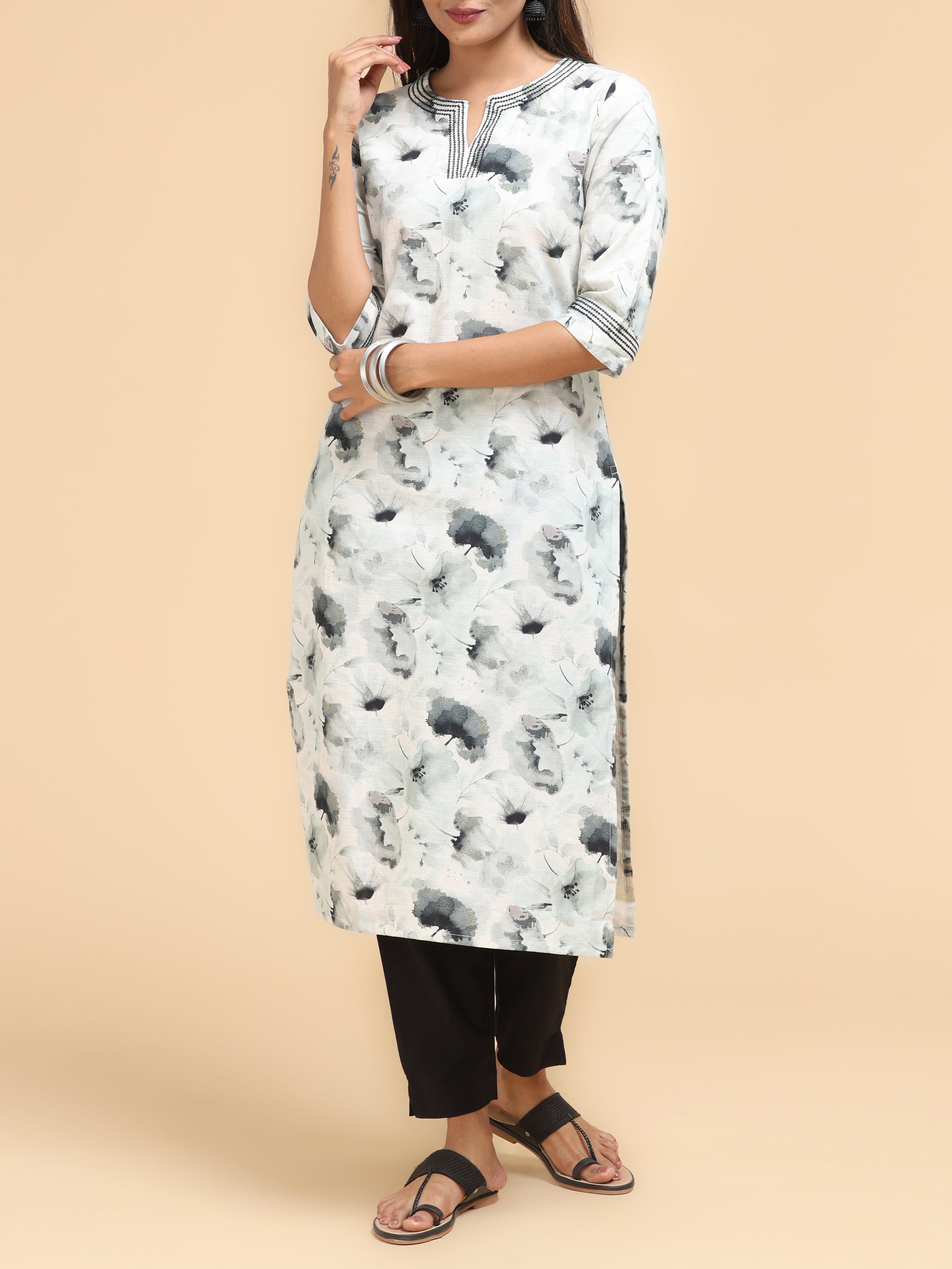 Off White Viscose Cotton Kurti With Digital Print