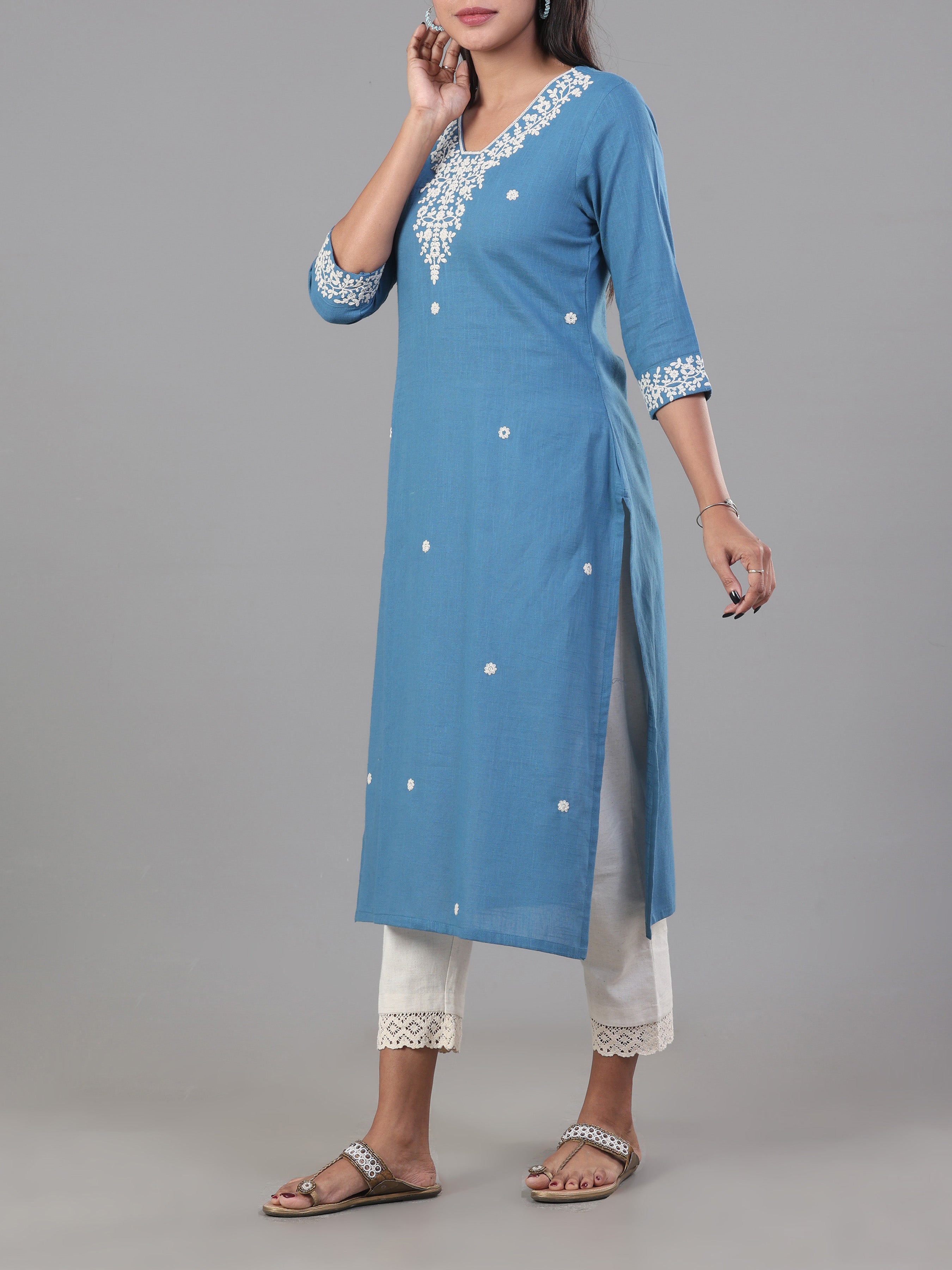 Light Blue Cotton Slub Kurti With Embroidery