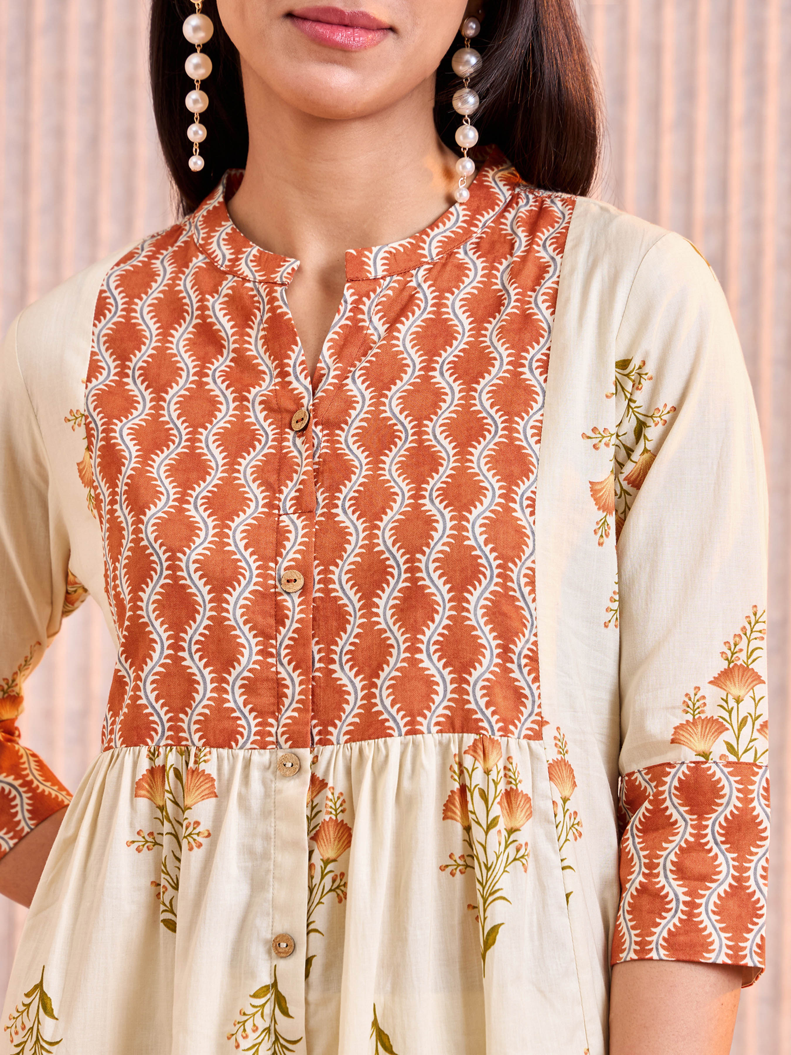Beige Cotton Printed Kurti With Smocking Embroidery