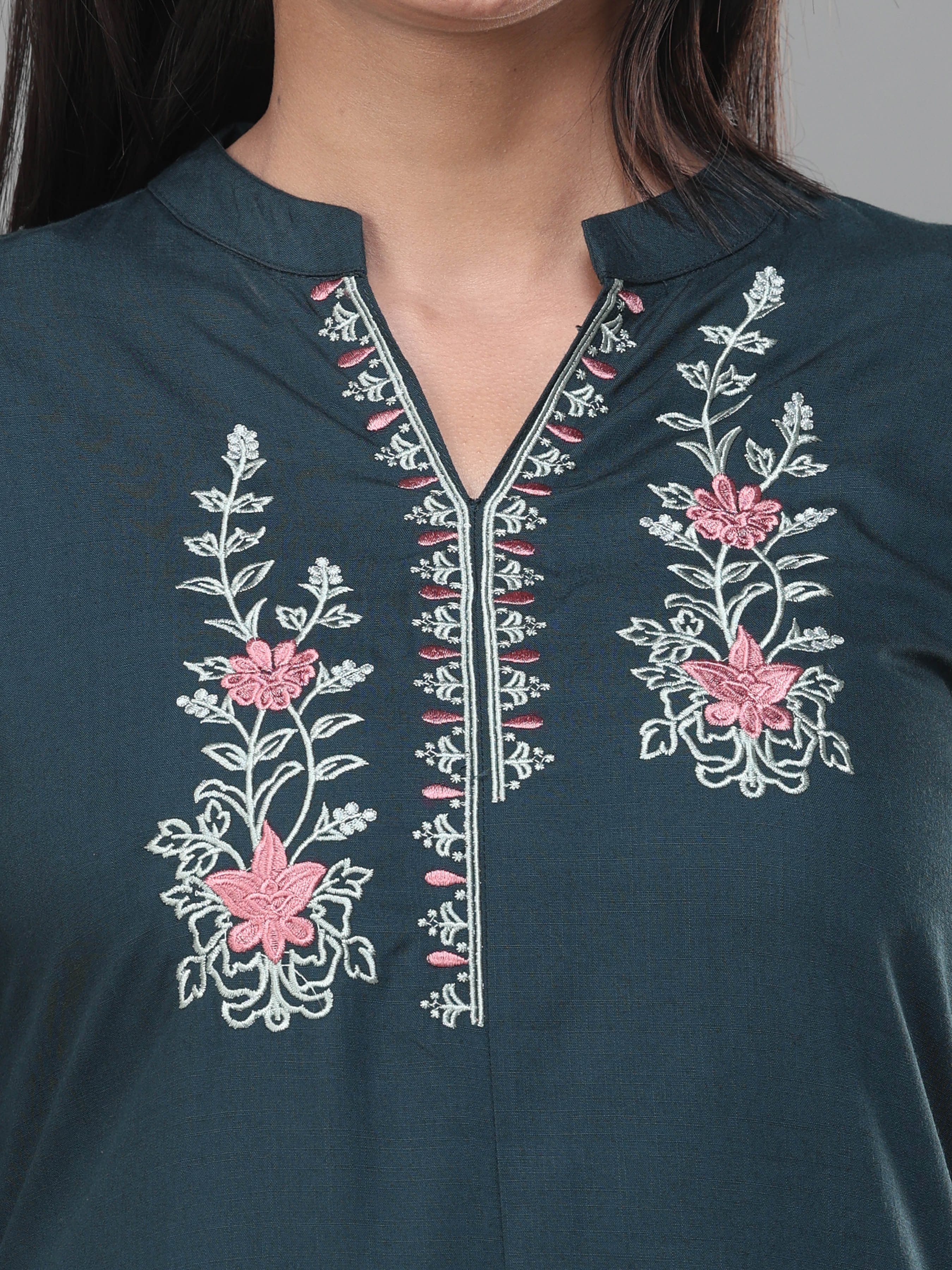 Teal Green Viscose Slub Kurti With Embroidery