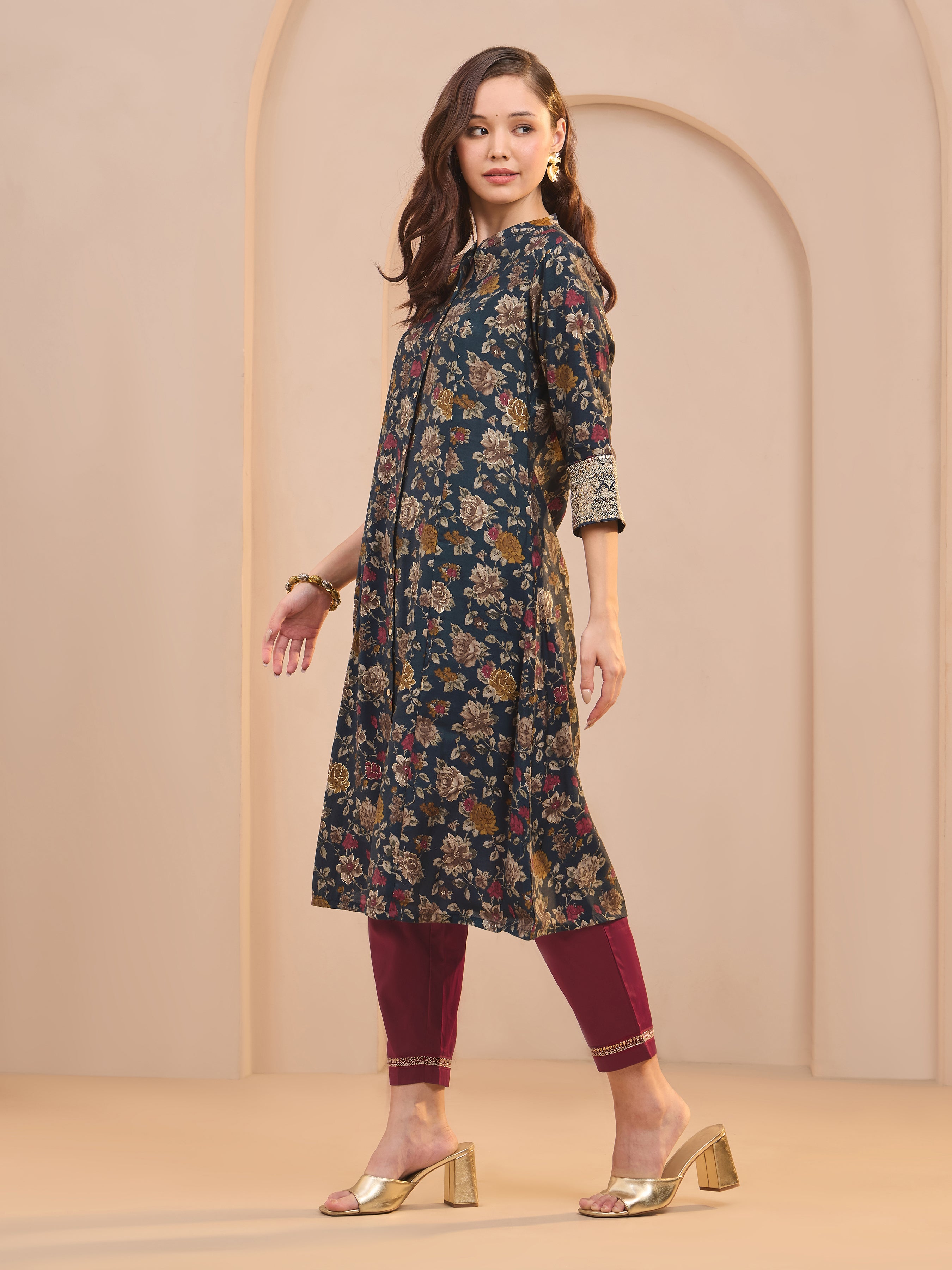Navy Blue Modal Chanderi Printed Kurti With Embroidery And Matching Bottom