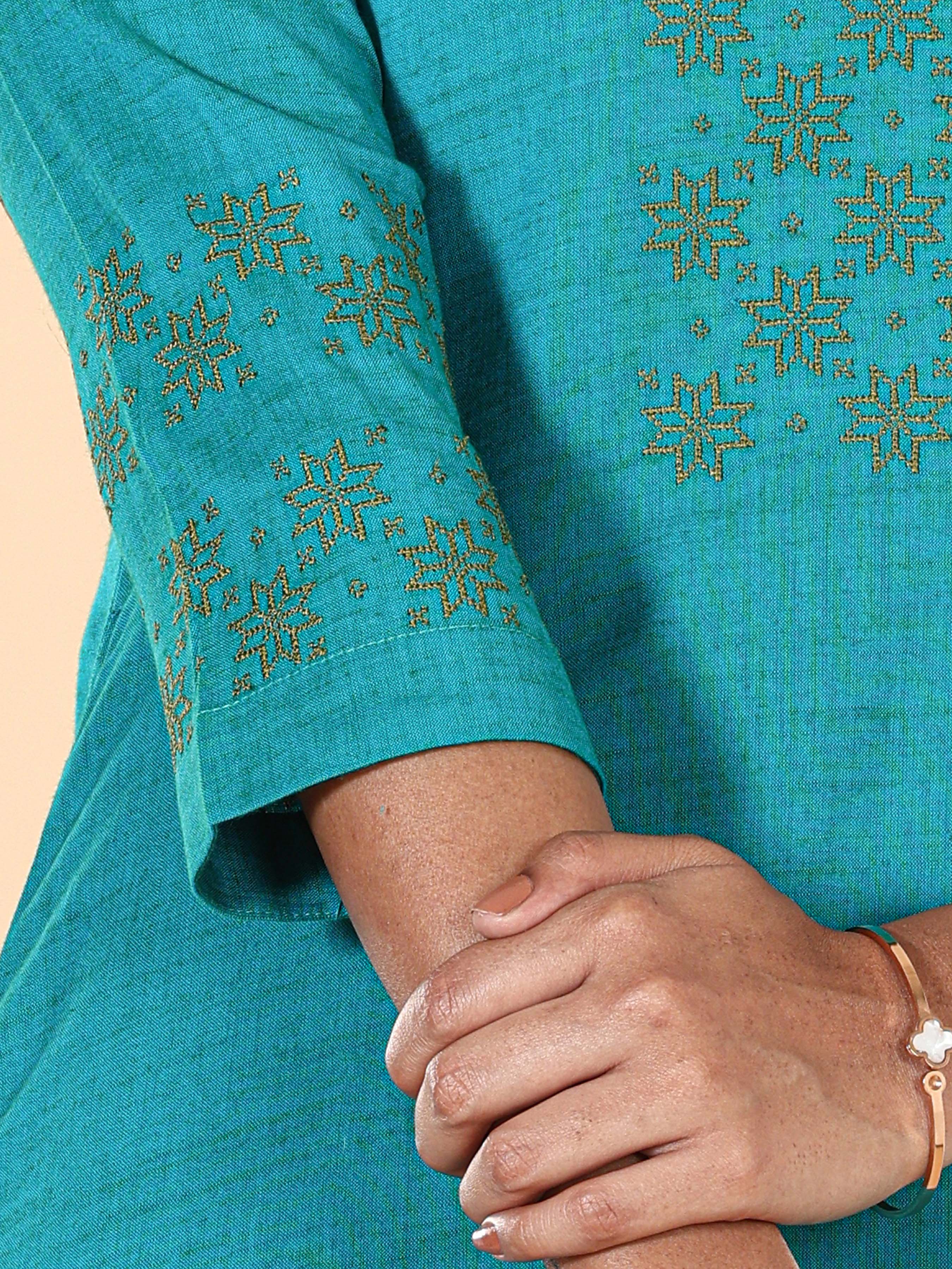 Teal Blue Viscose Kurti With Embroidery