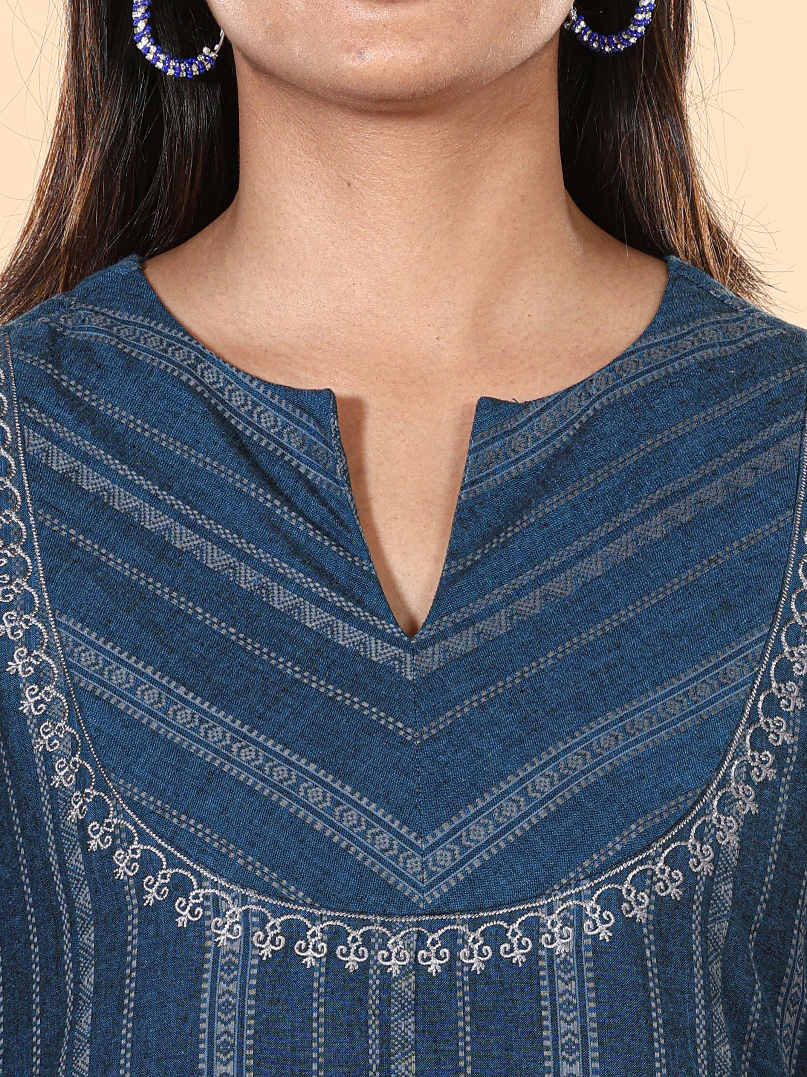 Denim Blue Cotton Dobby Kurti With Embroidery