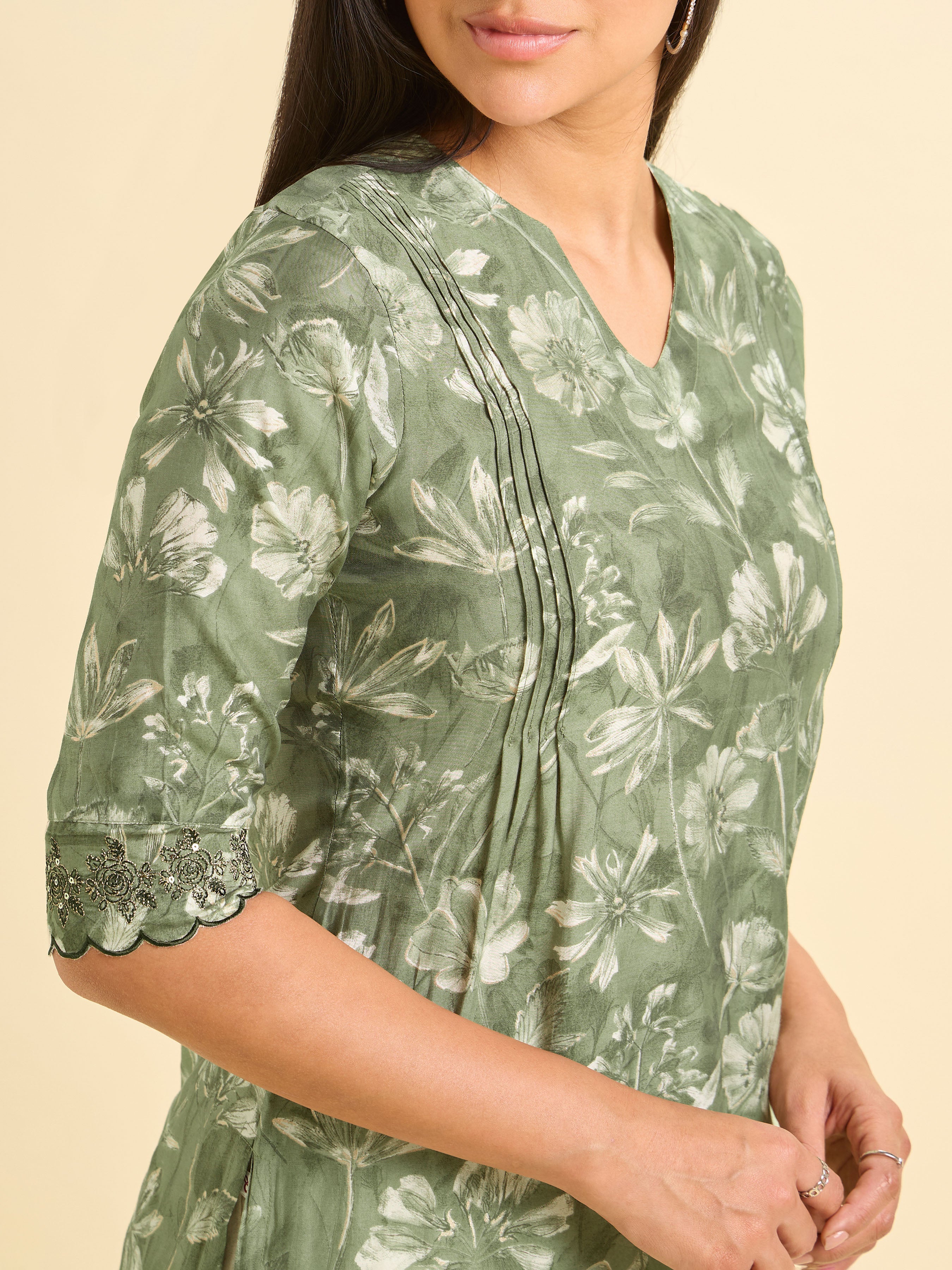 Olive Green And Ivory Modal Chanderi Printed Slited Kurti With Pintucks And Embroidery And Sequins Work