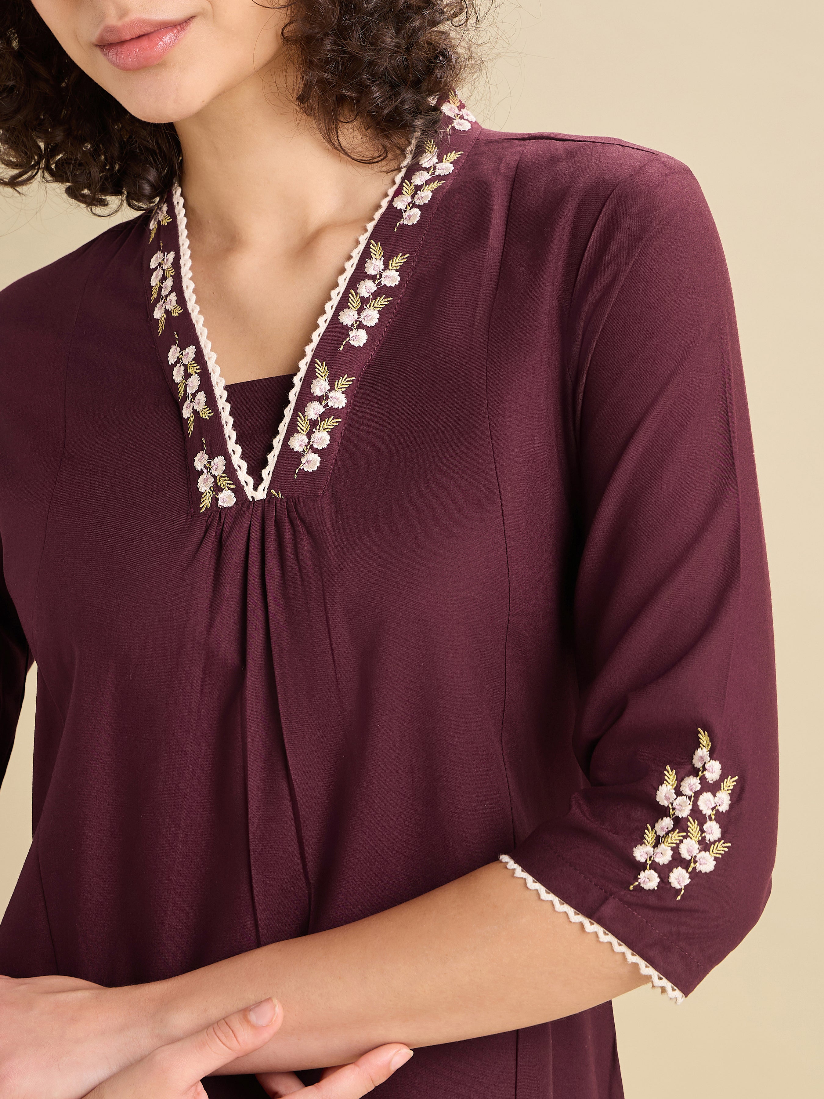 Maroon Viscose Plain Flared Center Panel Kurti With Embroidery