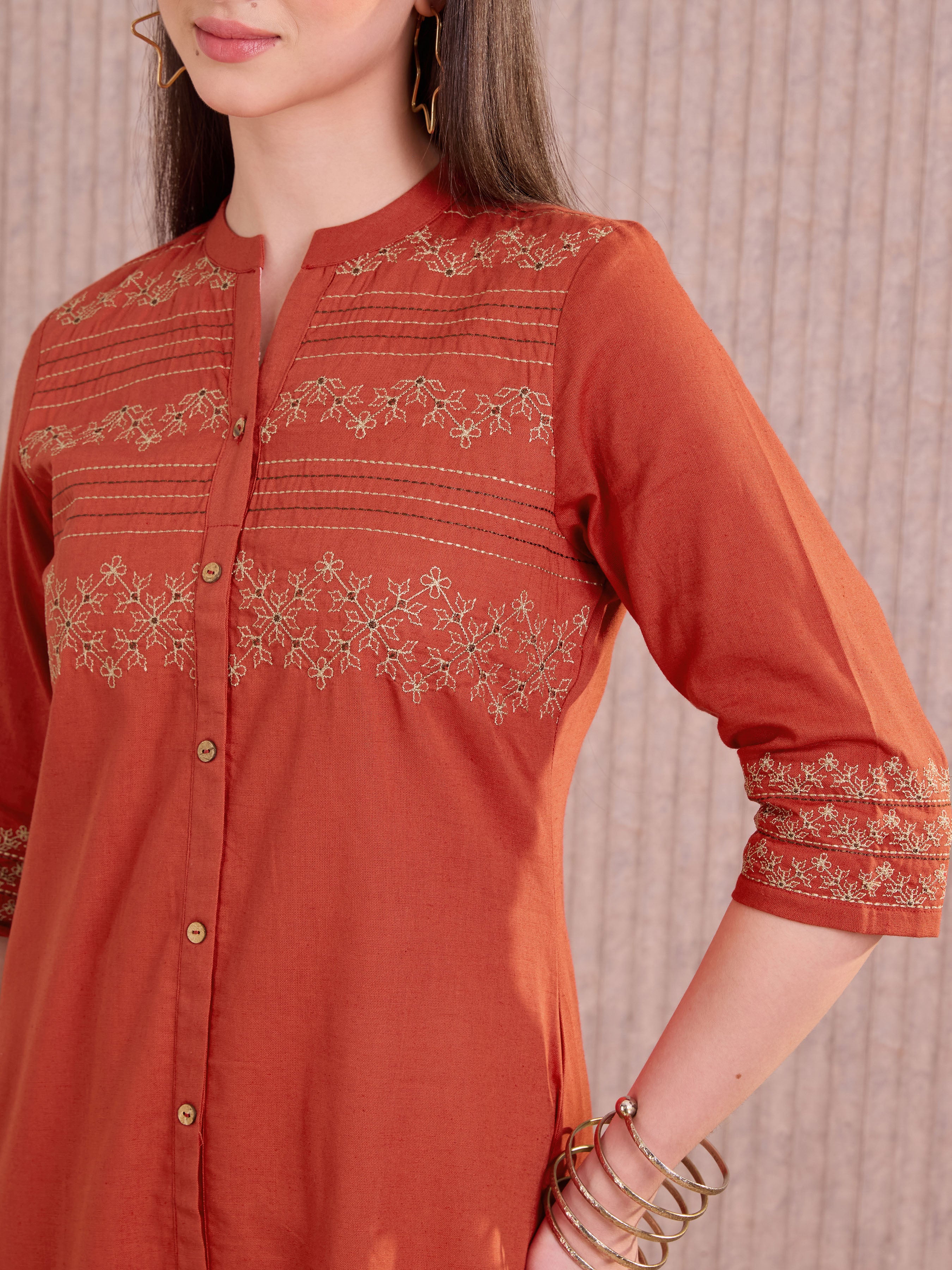 Brick Red Cotton Flax Kurti With Embroidery