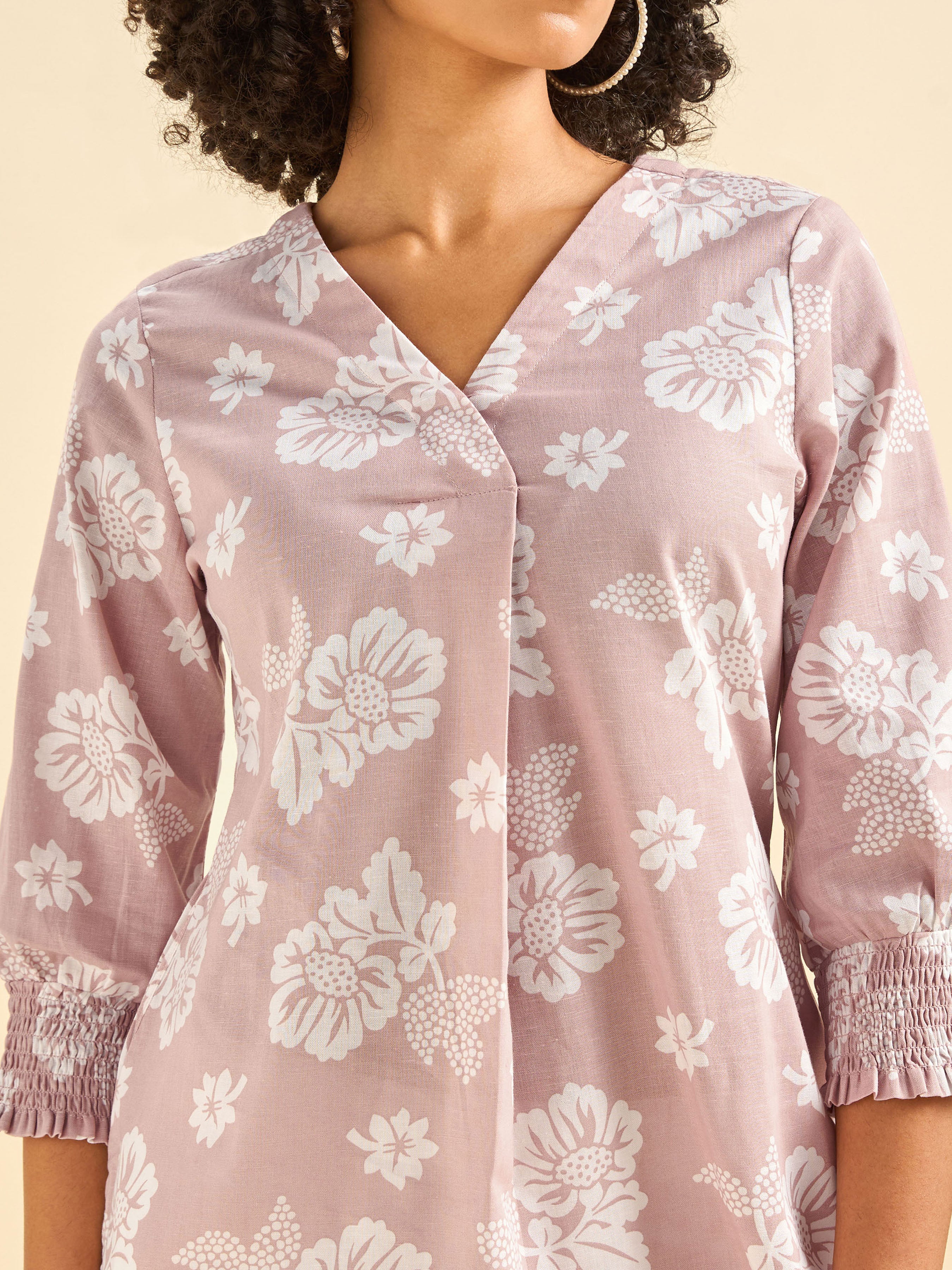 Pink and White Cotton Flax Printed Slit Kurti With Smocking Cuff