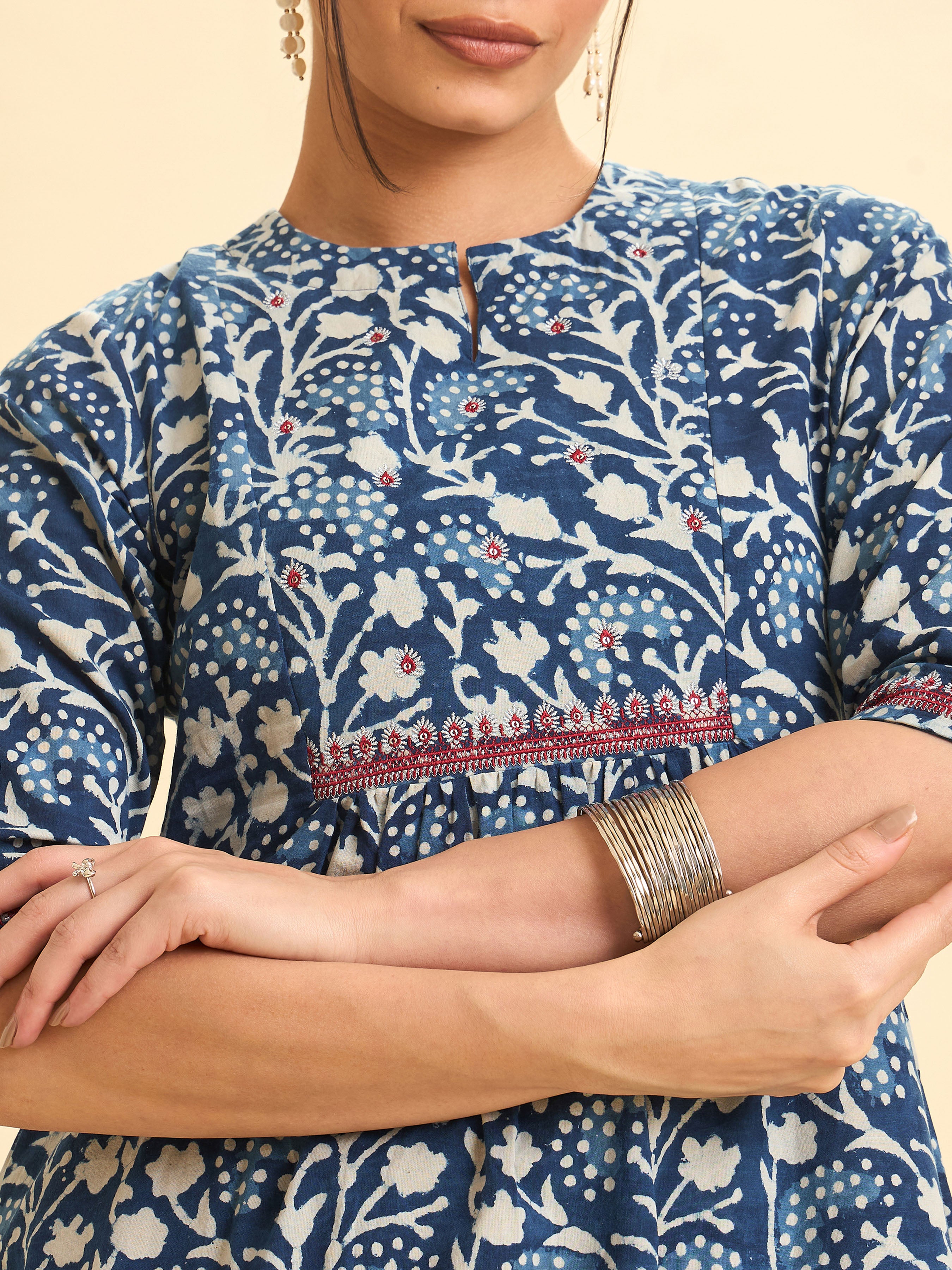 Indigo Blue Pure Cotton Printed Kurti With Embroidery And Sequins Work