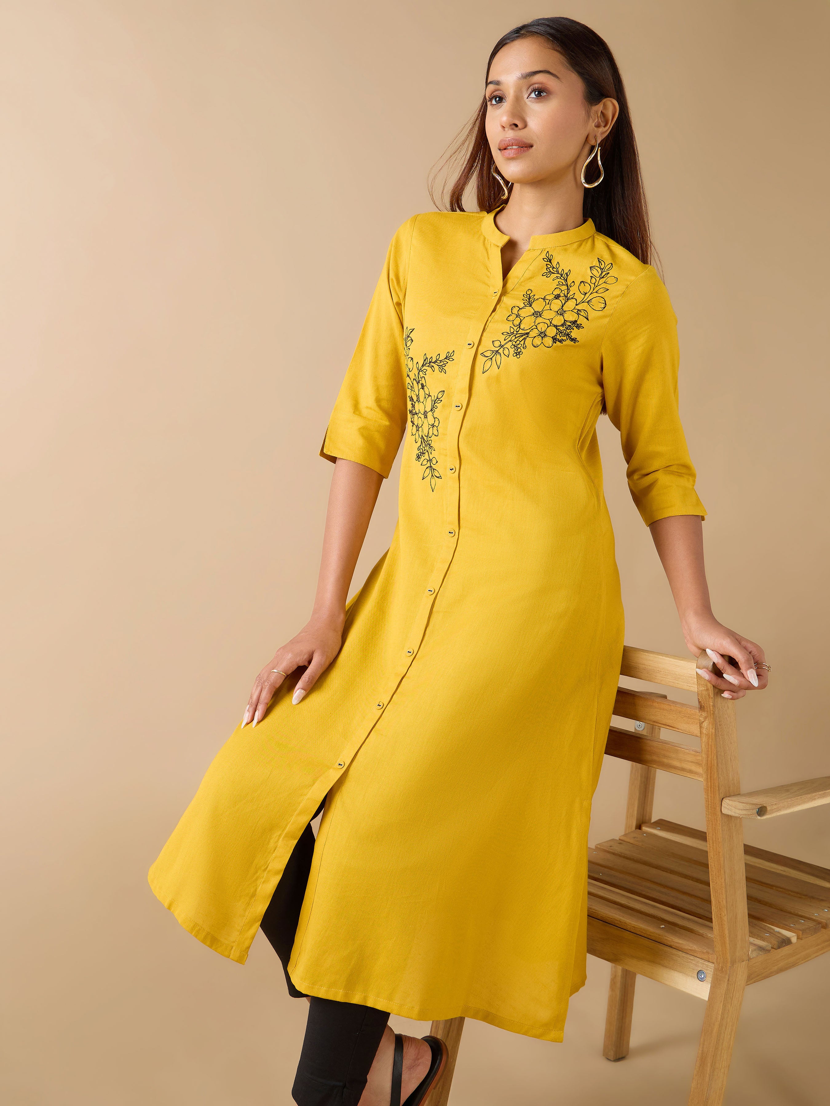 Mustard Yellow Cotton Flax Kurti With Embroidery