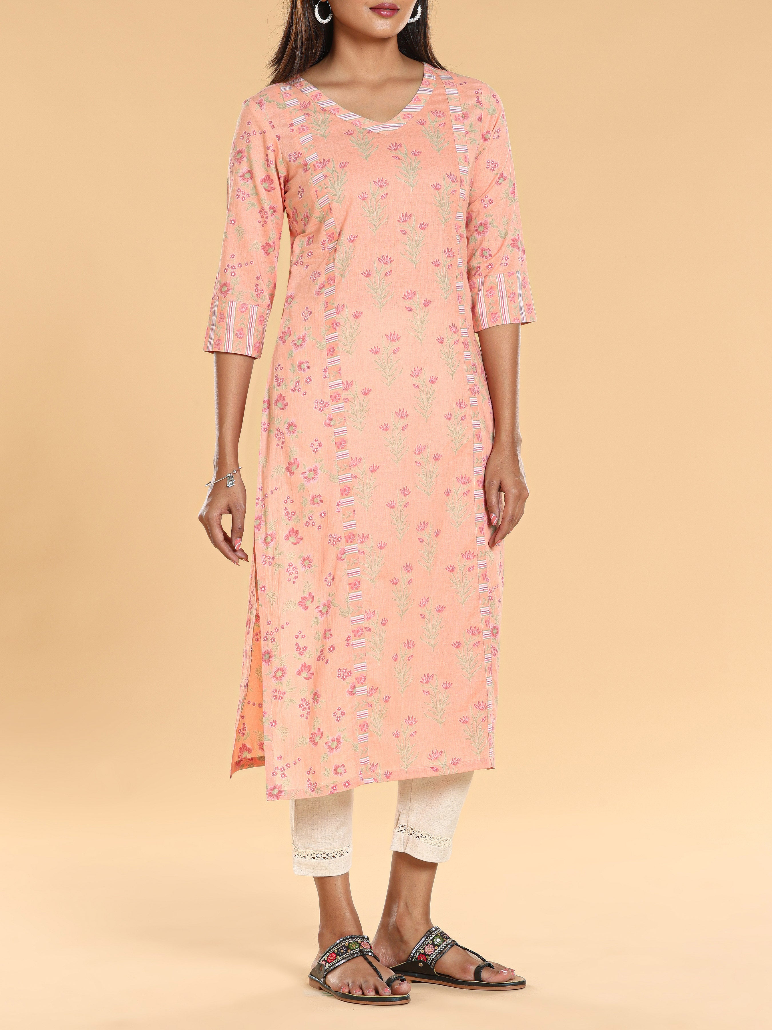 Peach Pure Cotton Printed Kurti With Panel Cut