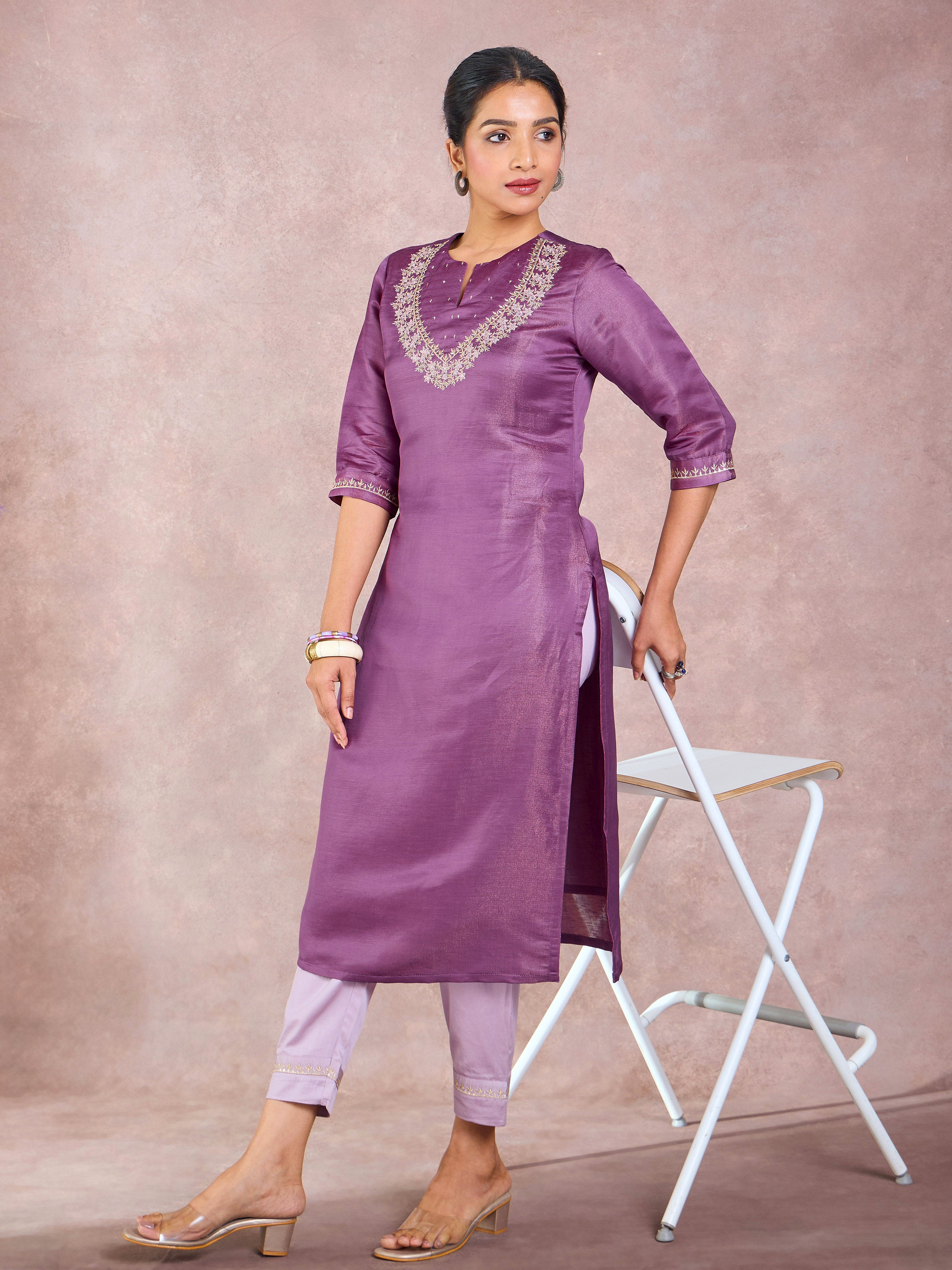 Purple Satin Shimmer Kurti & Bottom Set With Hand Work