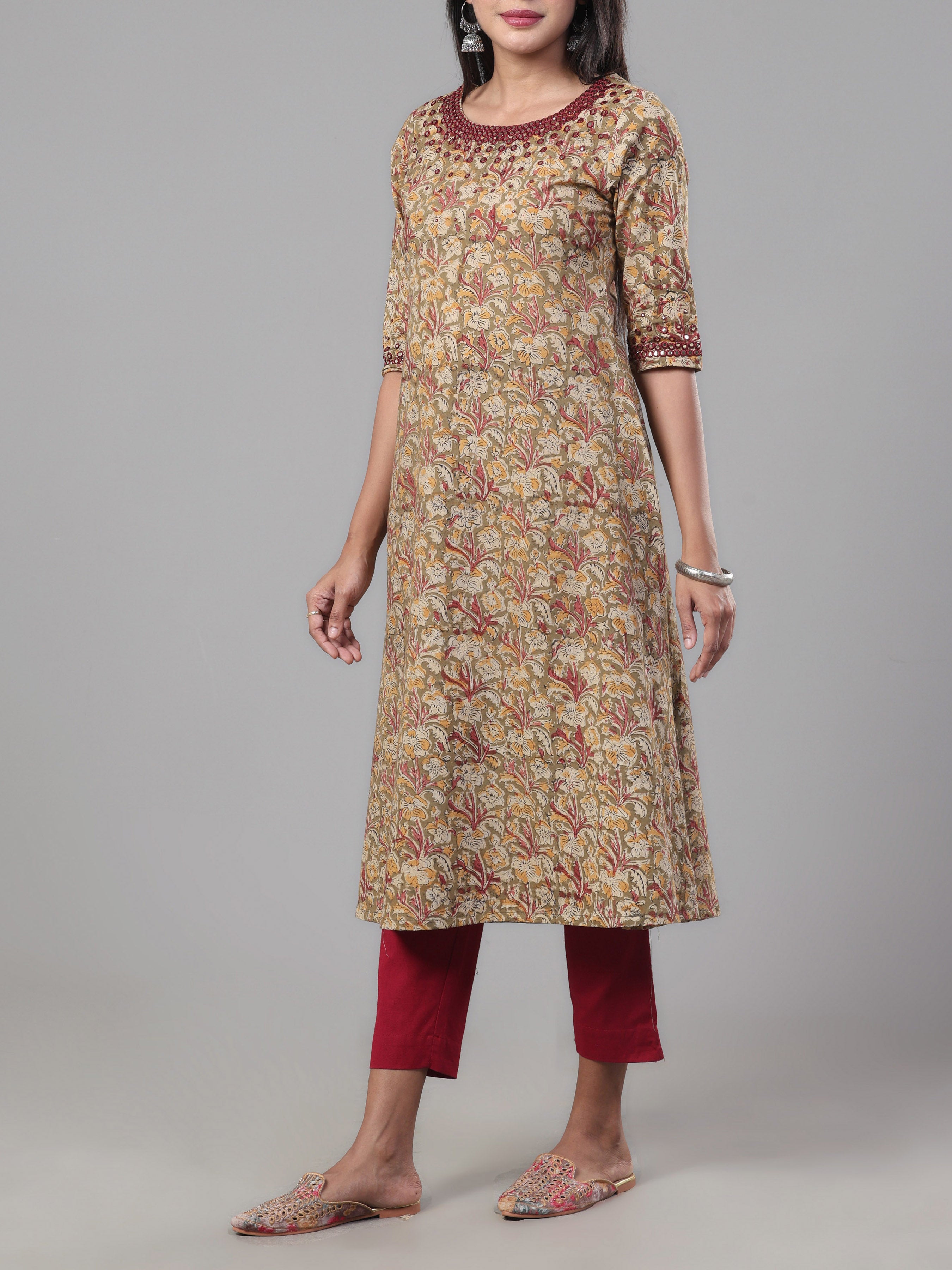 Olive Green Pure Cotton Printed Kurti With Mirror Work