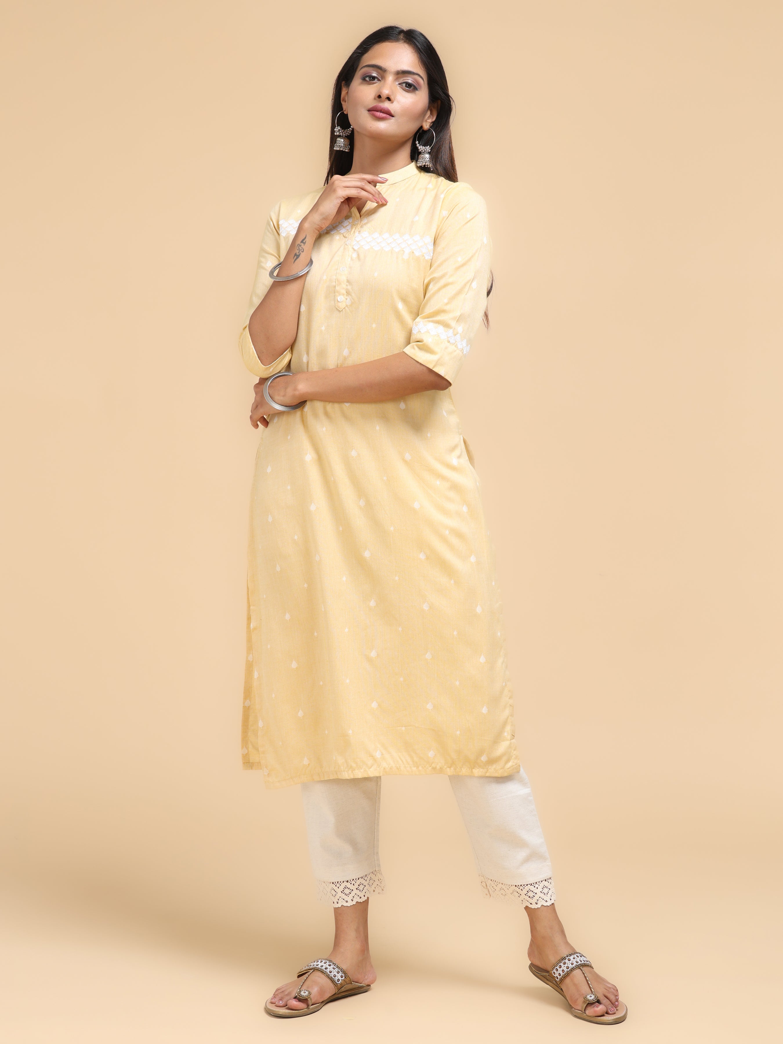 Lemon Yellow Pure Cotton Kurti With Embroidery