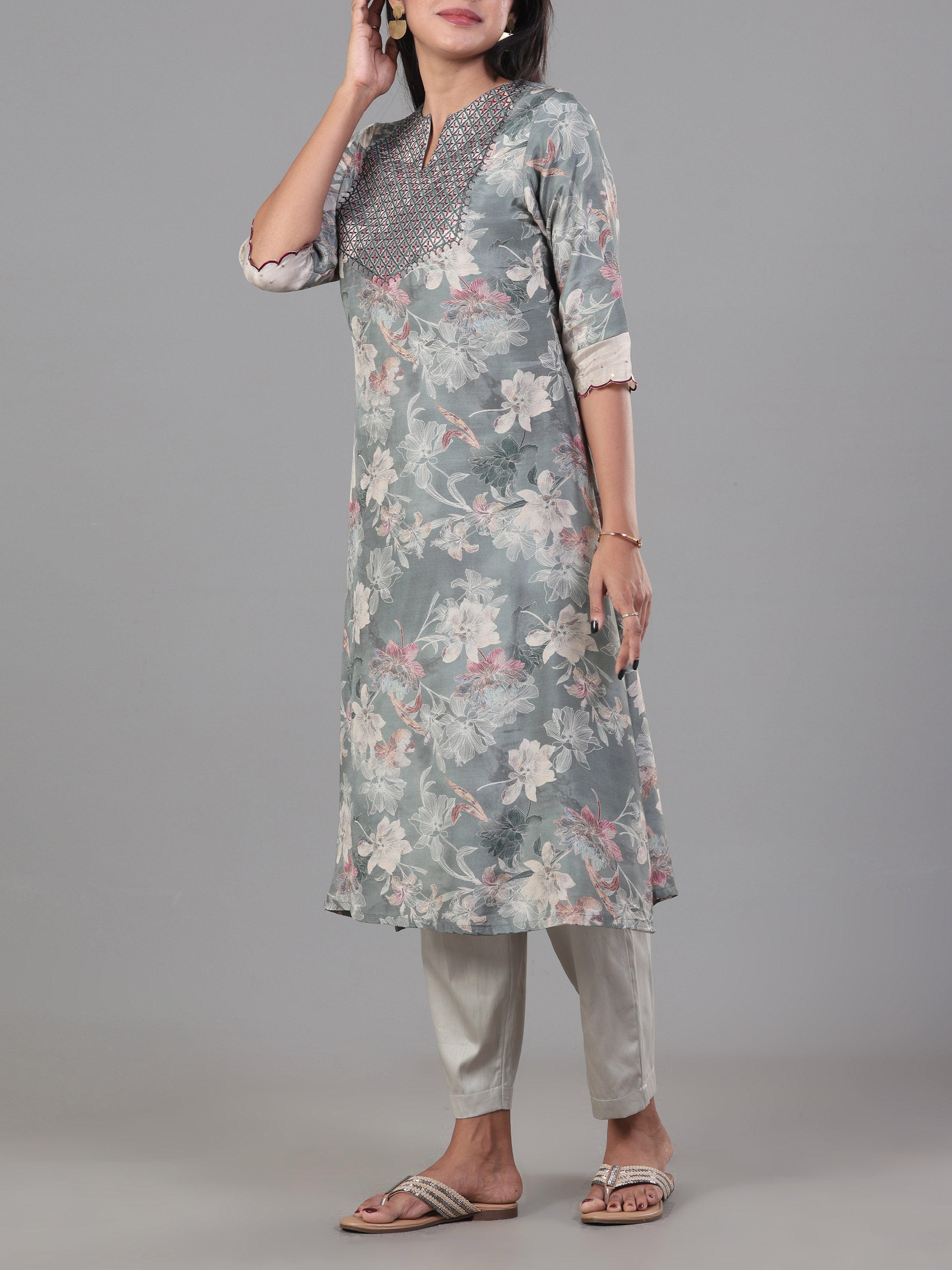 Multi Colour Muslin Printed Kurti With Embroidery And Matching Bottom