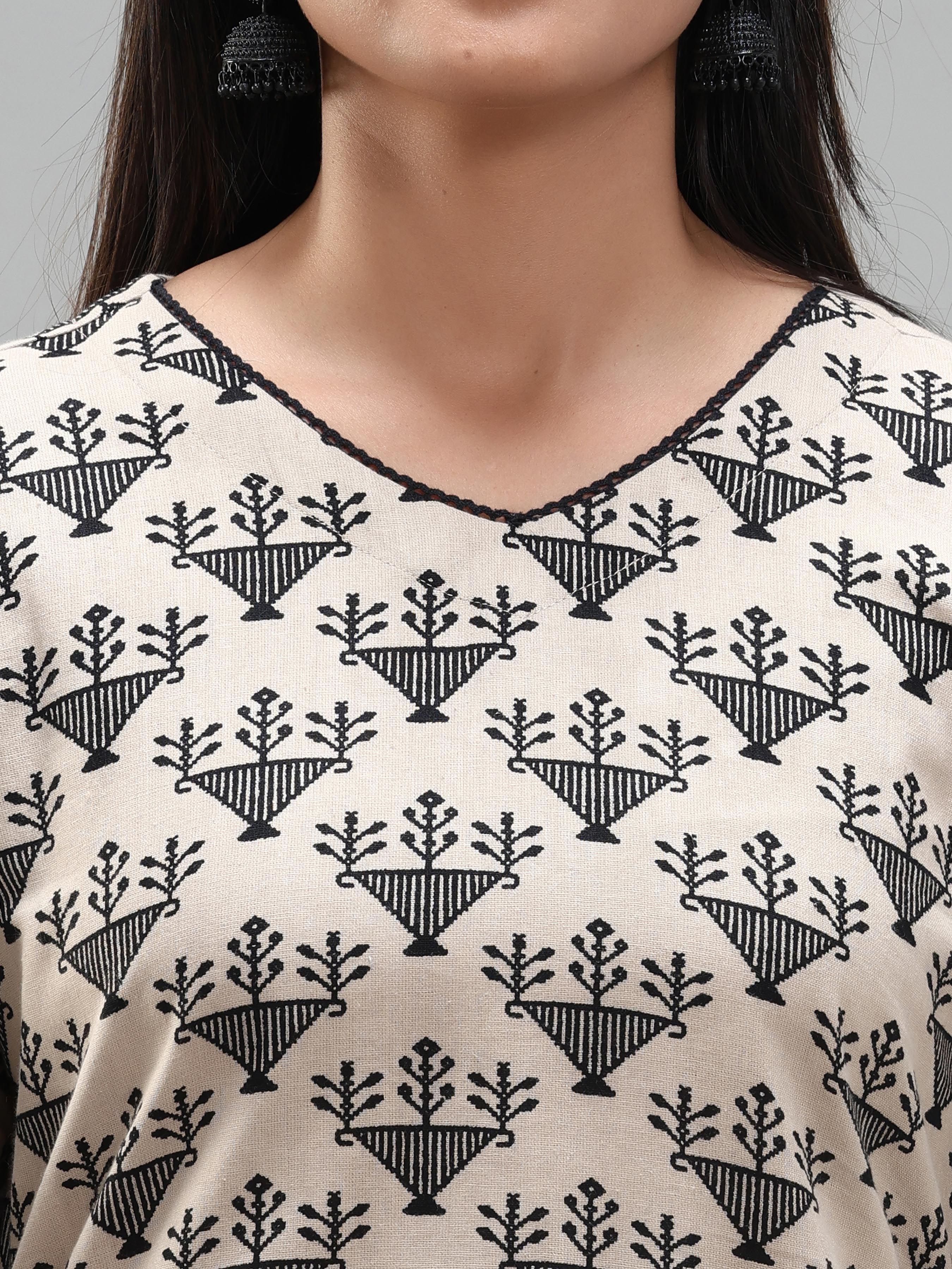 Beige Cotton Flax Printed Kurti With Lace Detailing