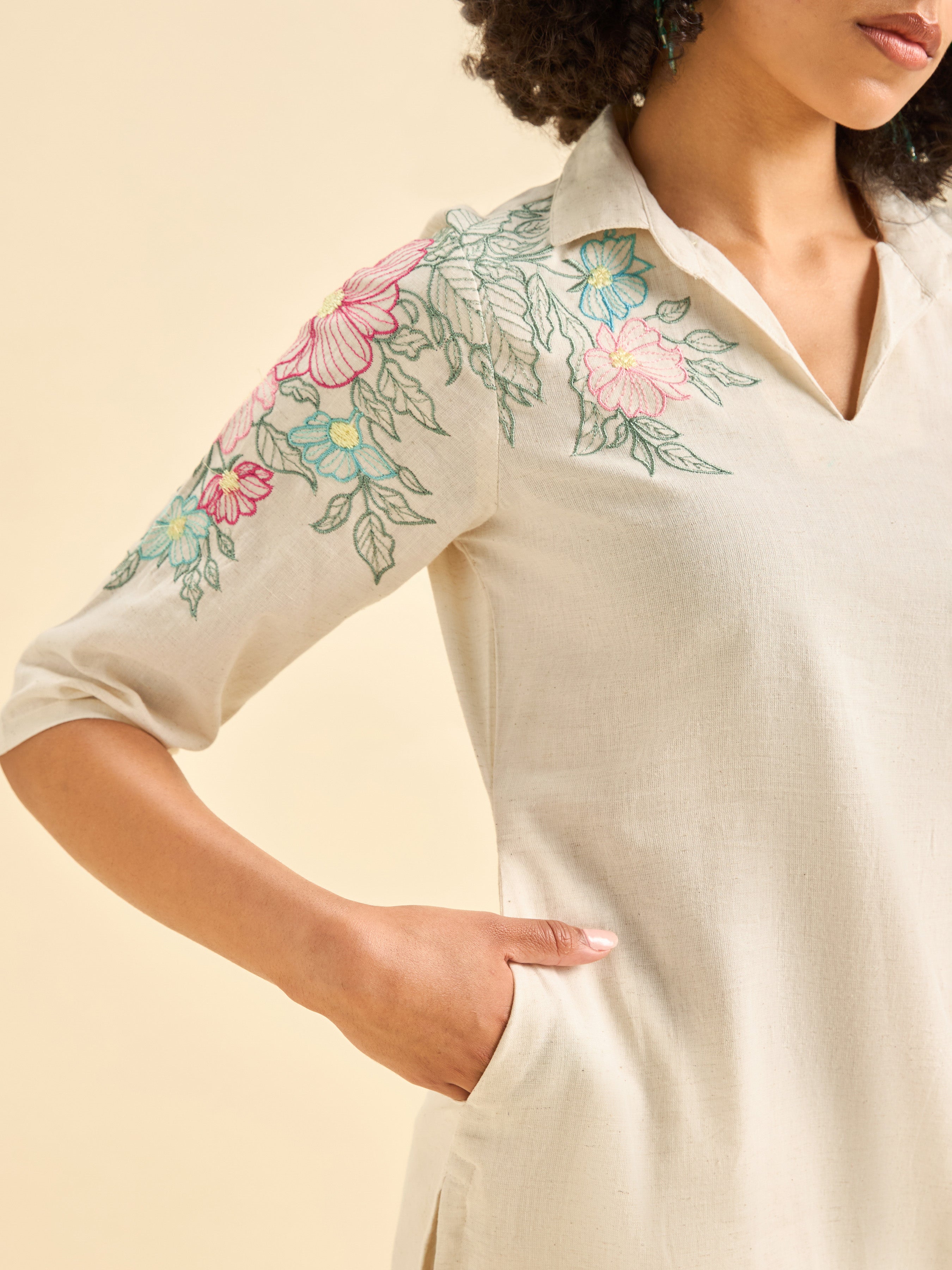 Ivory Cotton Flax Plain Slited Kurti With Embroidery