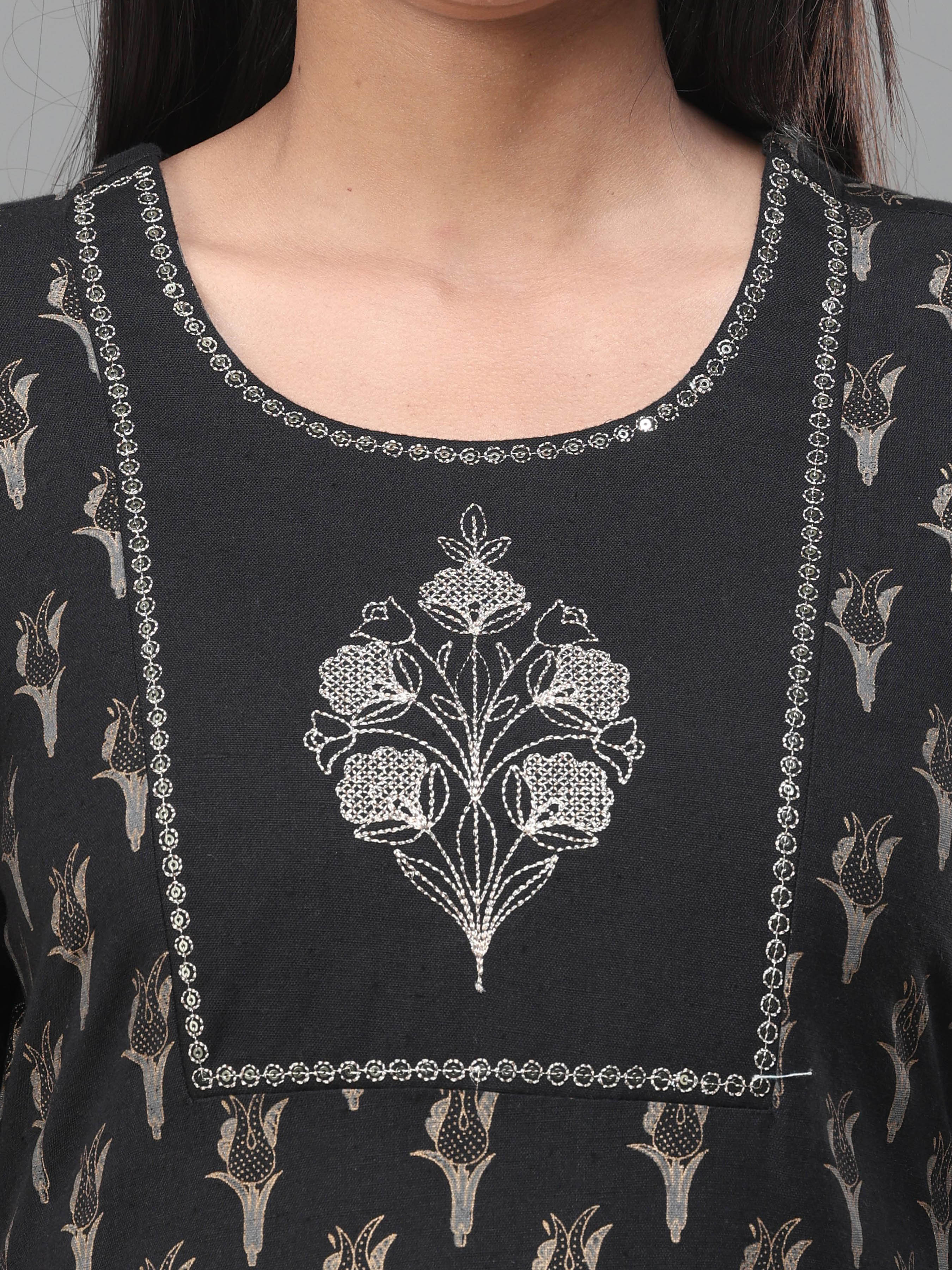 Black Cotton Flax Printed Kurti With Embroidery