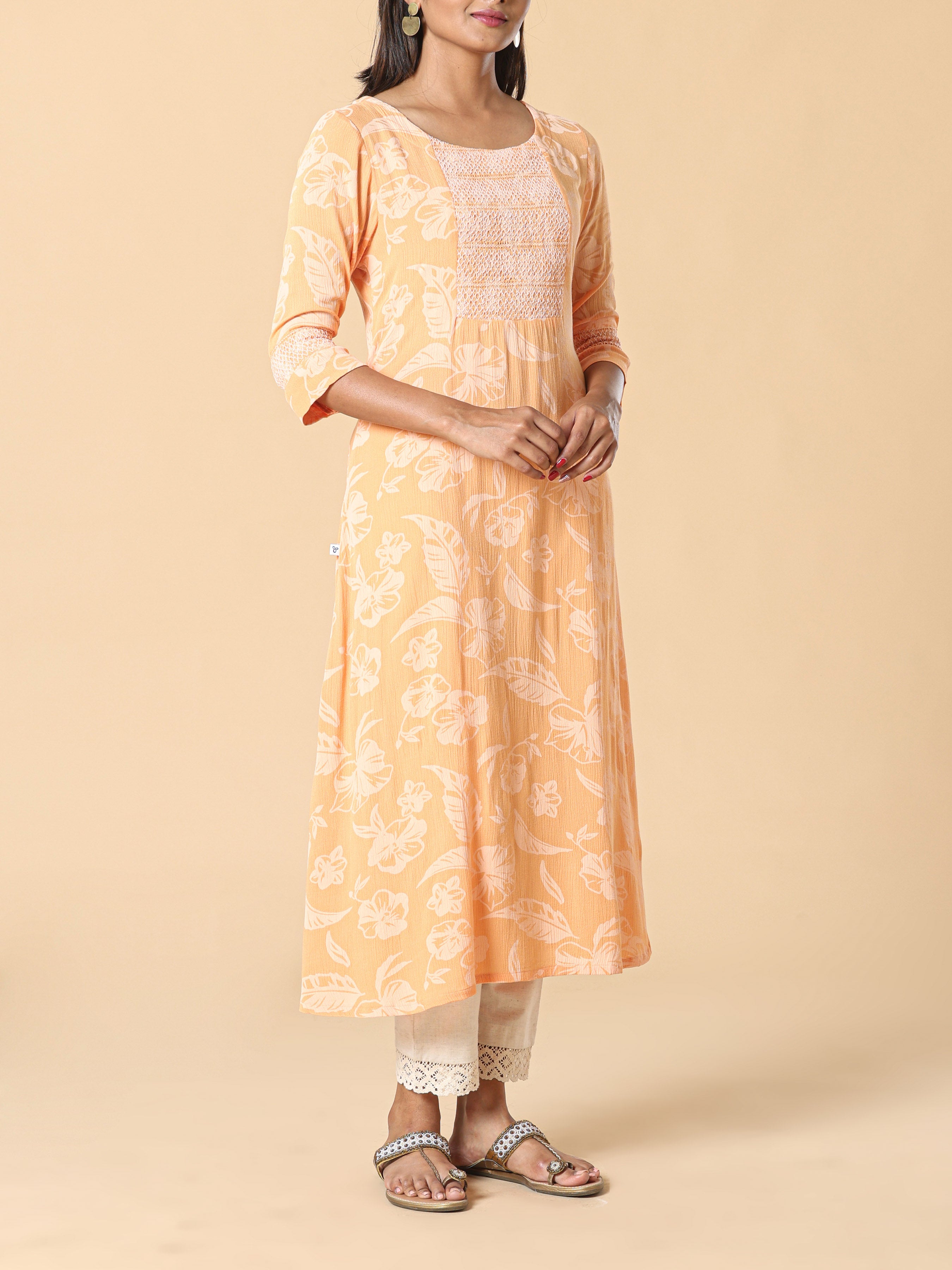 Yellow Wrinkled Rayon Kurti With Print