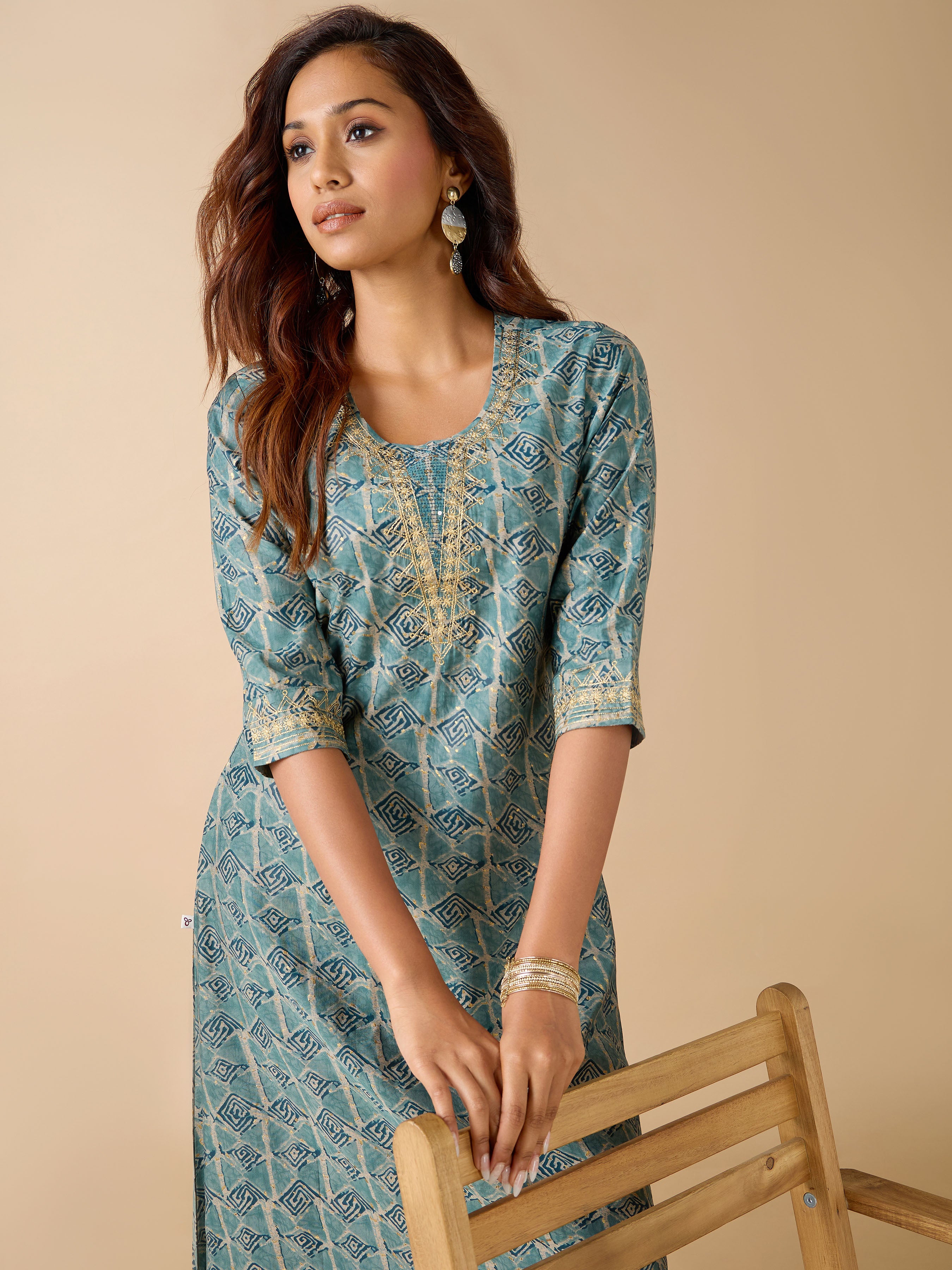 Teal Modal Chanderi Geometrical Printed Kurti With Sequins Embroidery