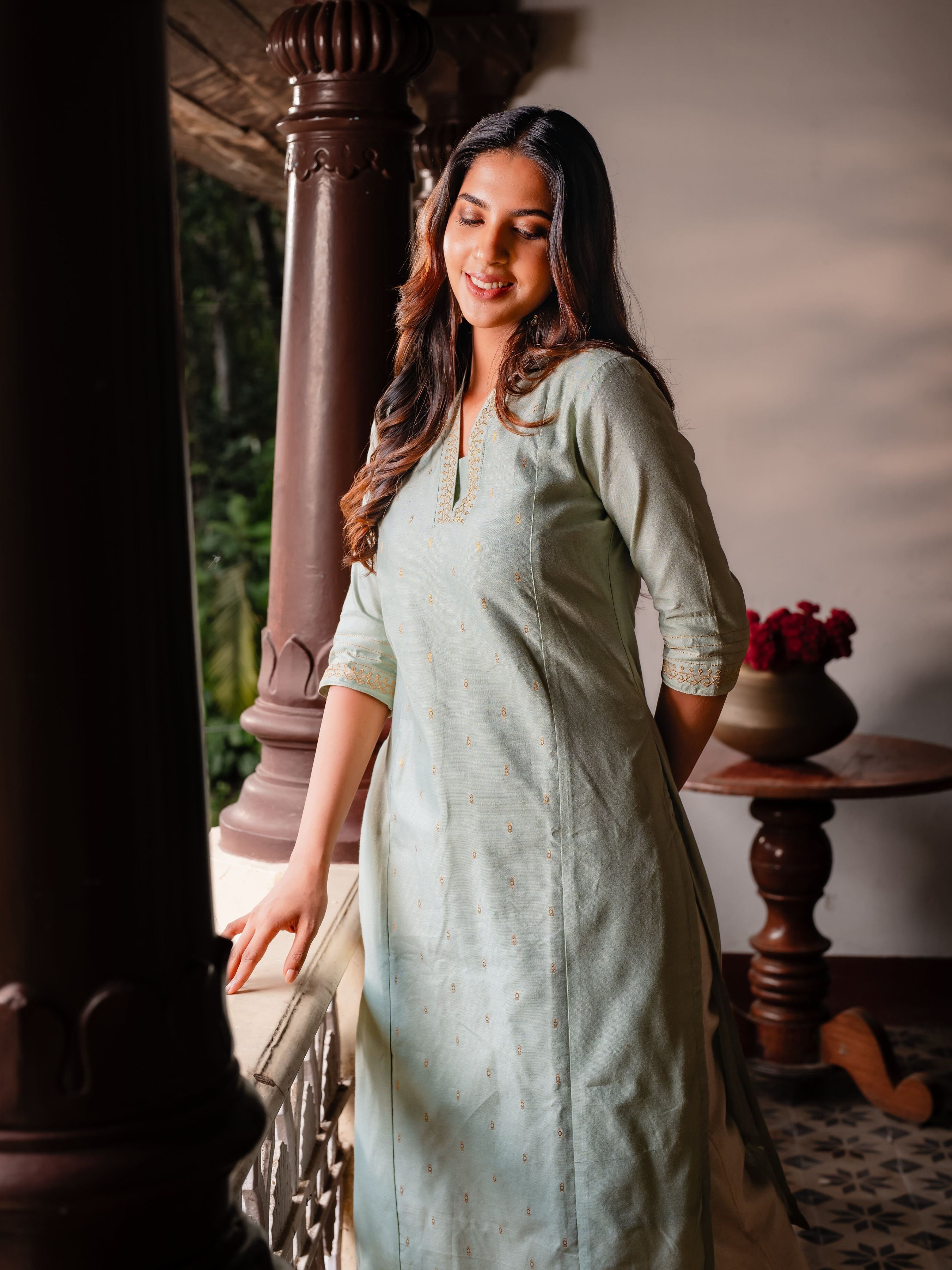Pista Green Viscose Kurti With Embroidery