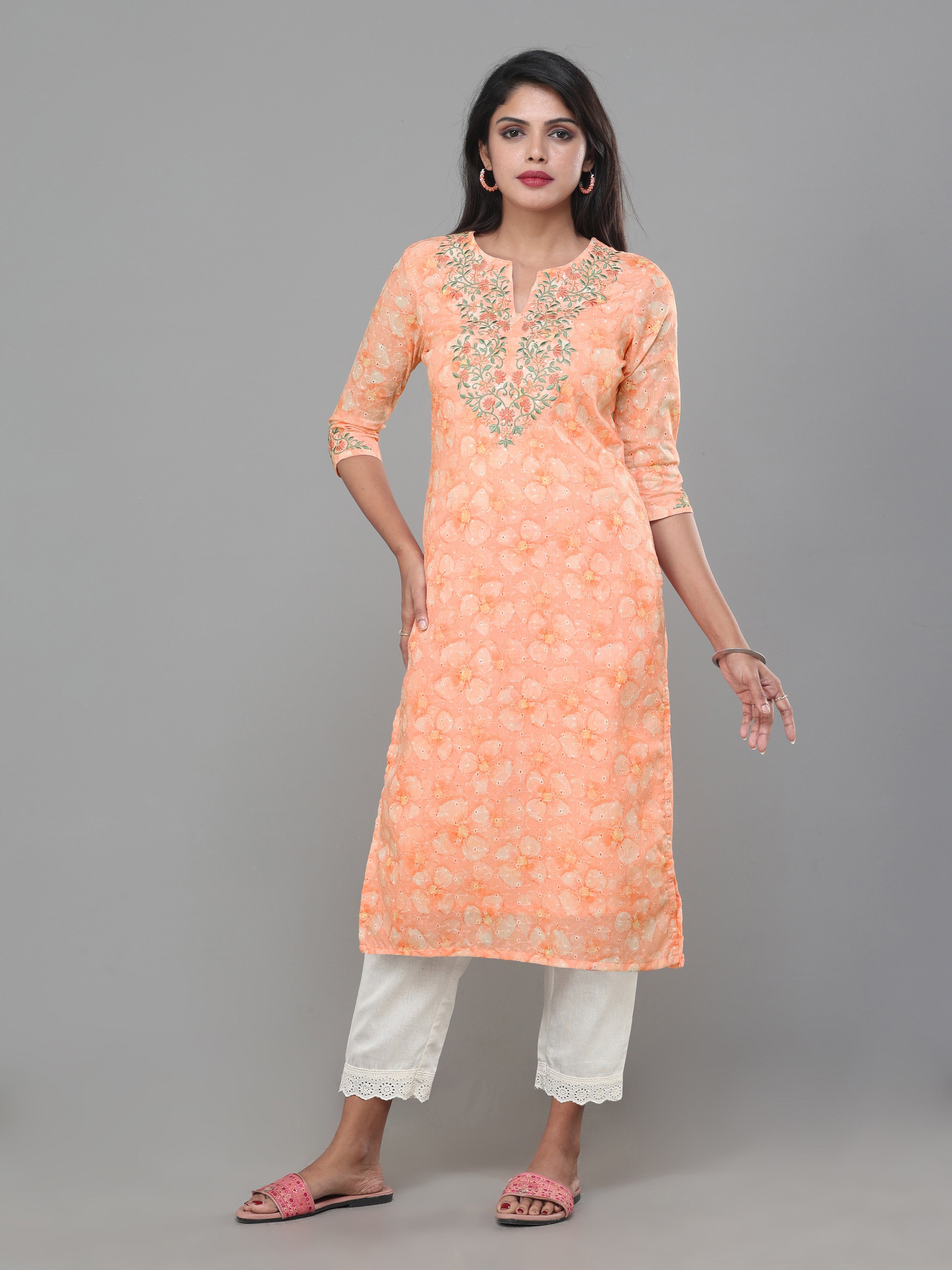 Rust Orange Cotton Schiffli Printed Kurti With Embroidery And Matching Bottom