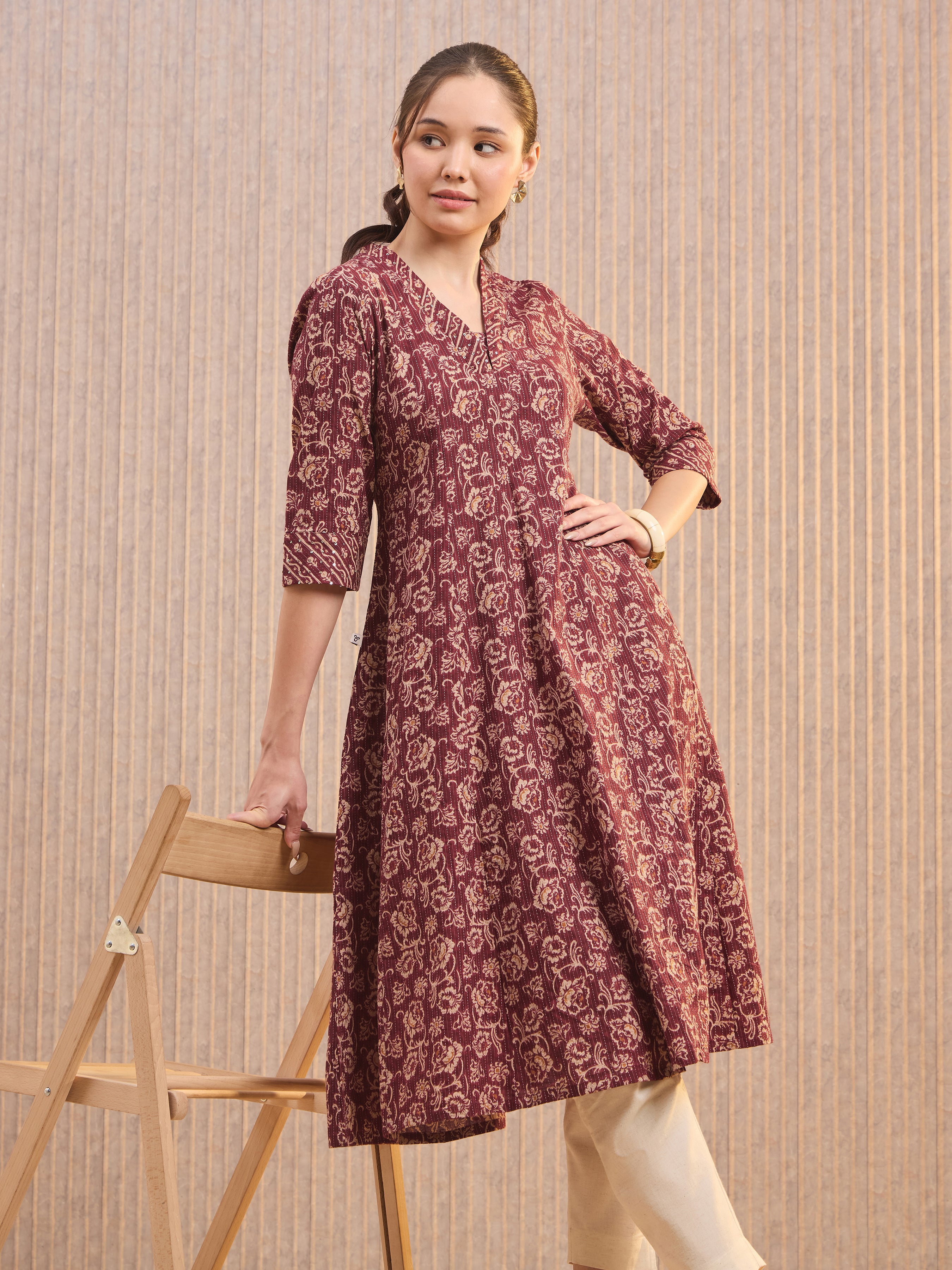 Maroon Pure Cotton Katha Printed Kali Cut Kurti With Sequins Work