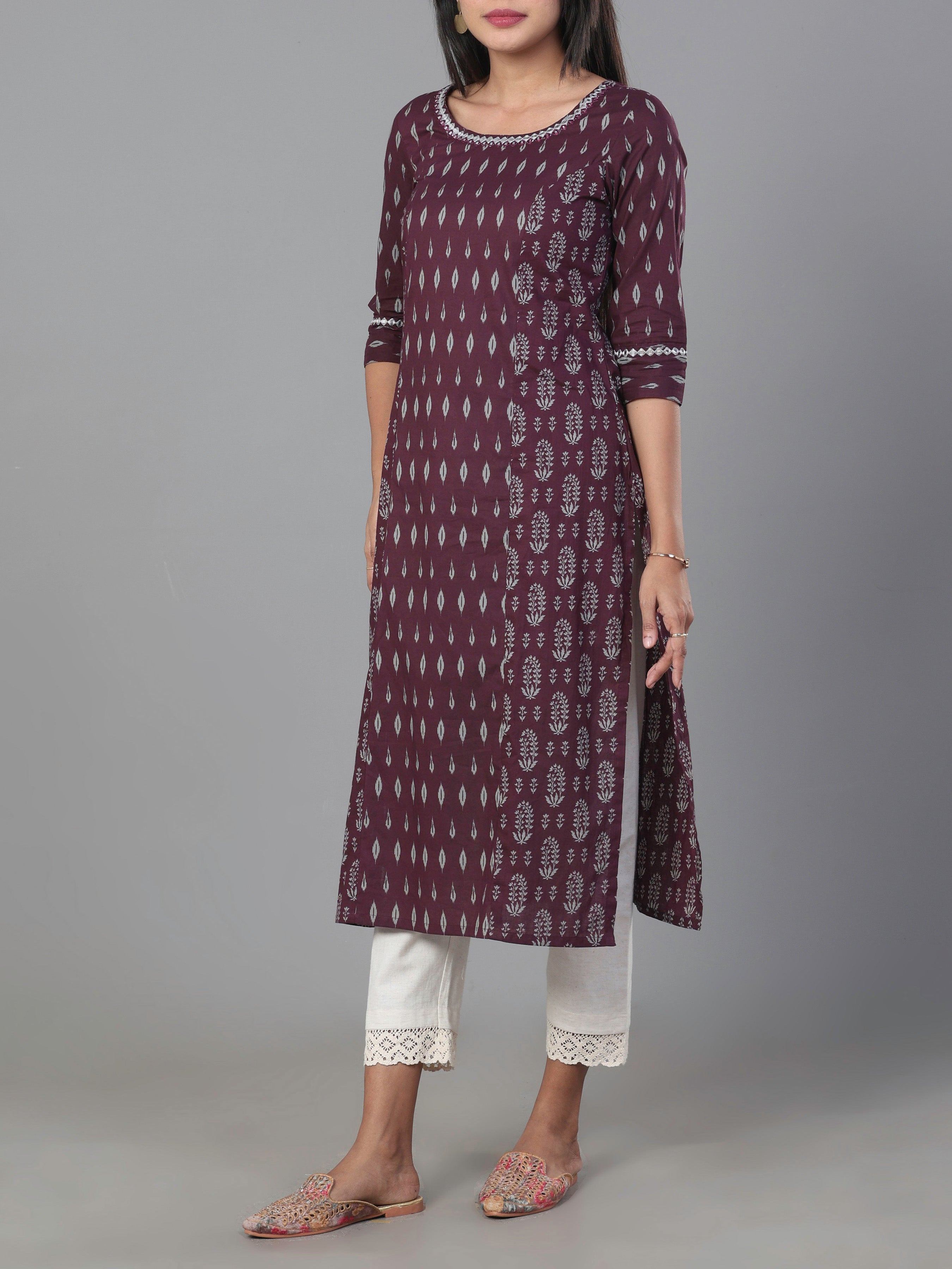 Wine Red Pure Cotton Printed Kurti With Mirror Work