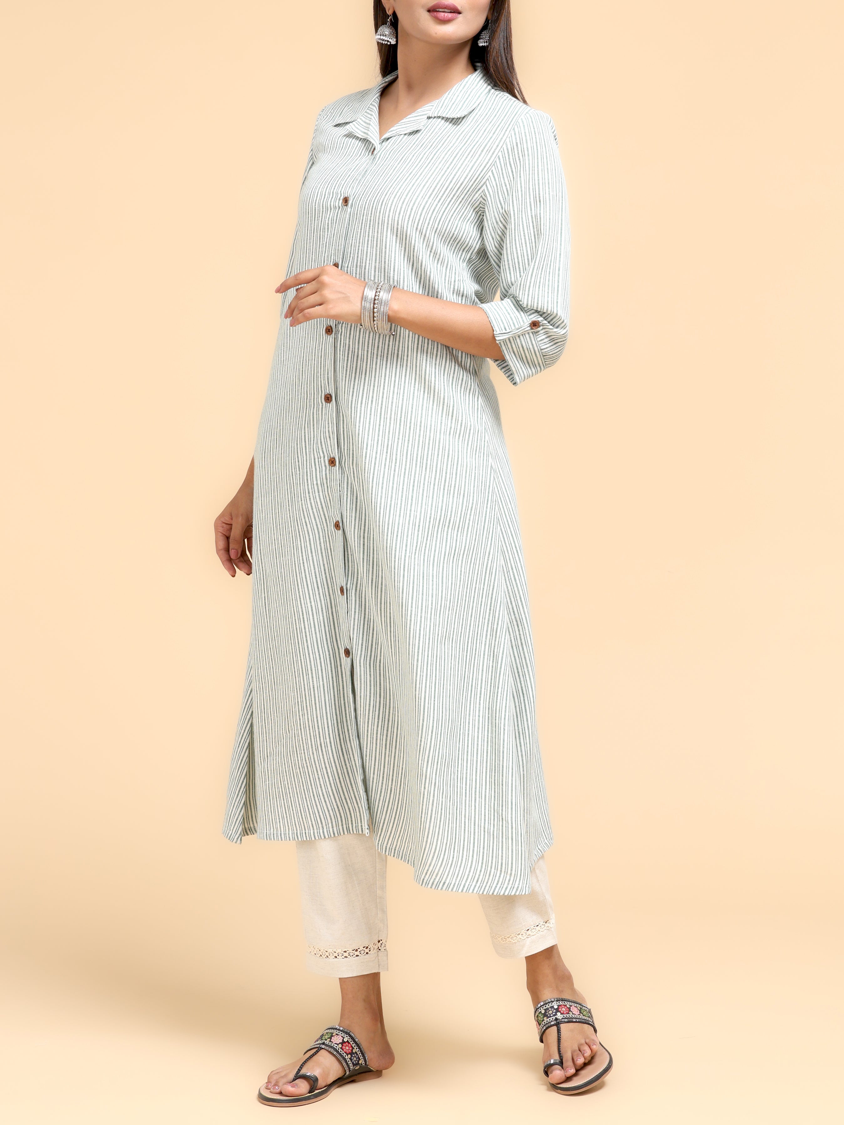 Multi-Colour Cotton Stripe Printed Kurti With Shirt Collar