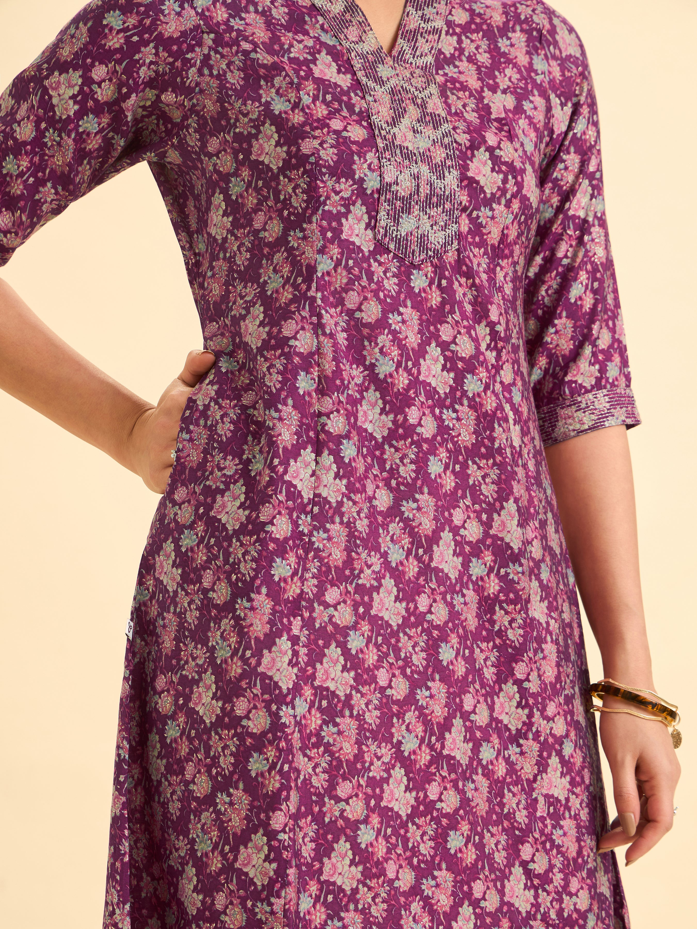Wine Red Modal Chanderi Printed Flared Princess Cut Kurti With Embroidery