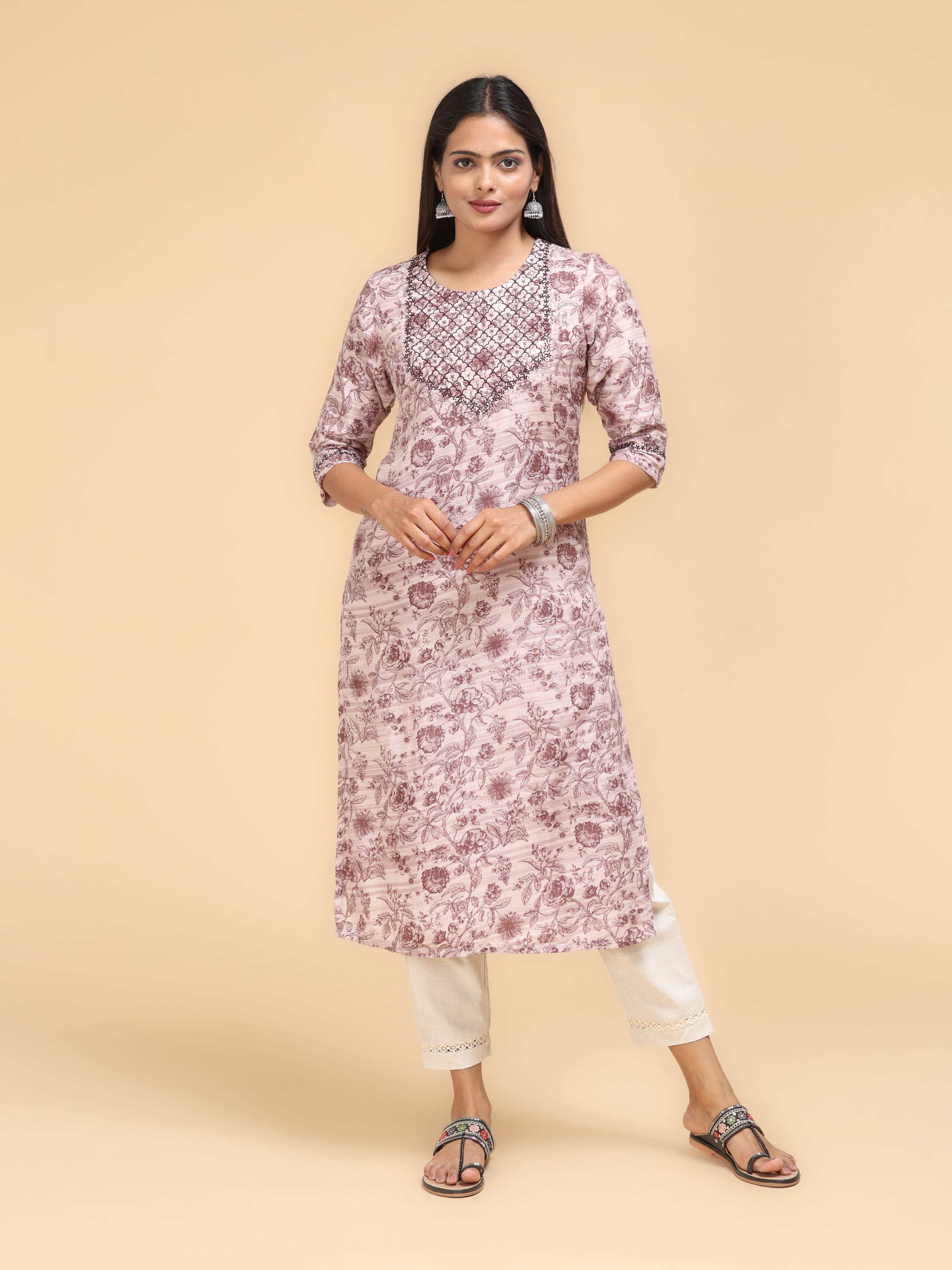 Brown Viscose Linen Printed Kurti With Embroidery