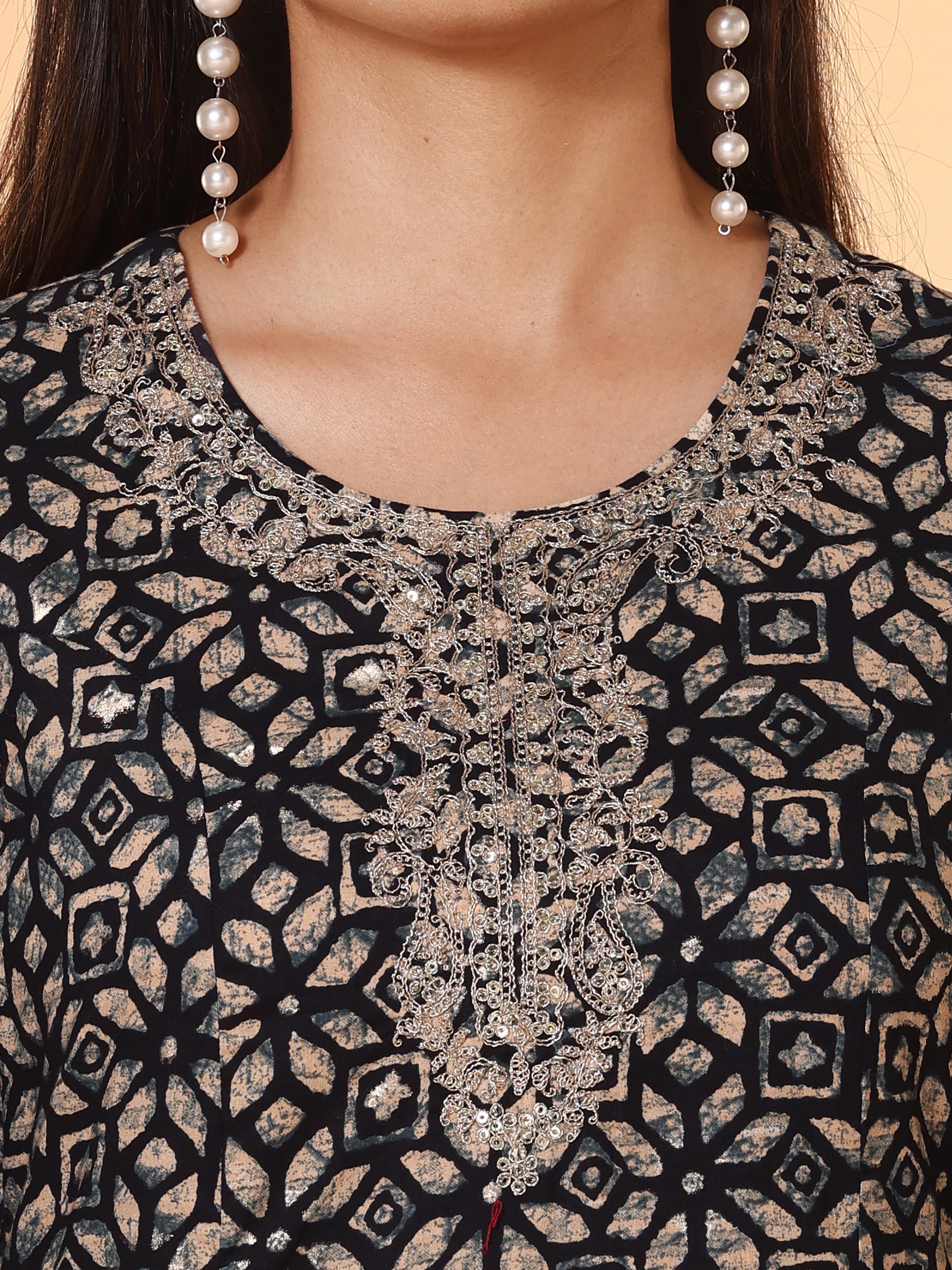 Navy Blue Pure Cotton Printed Kurti With Embroidery