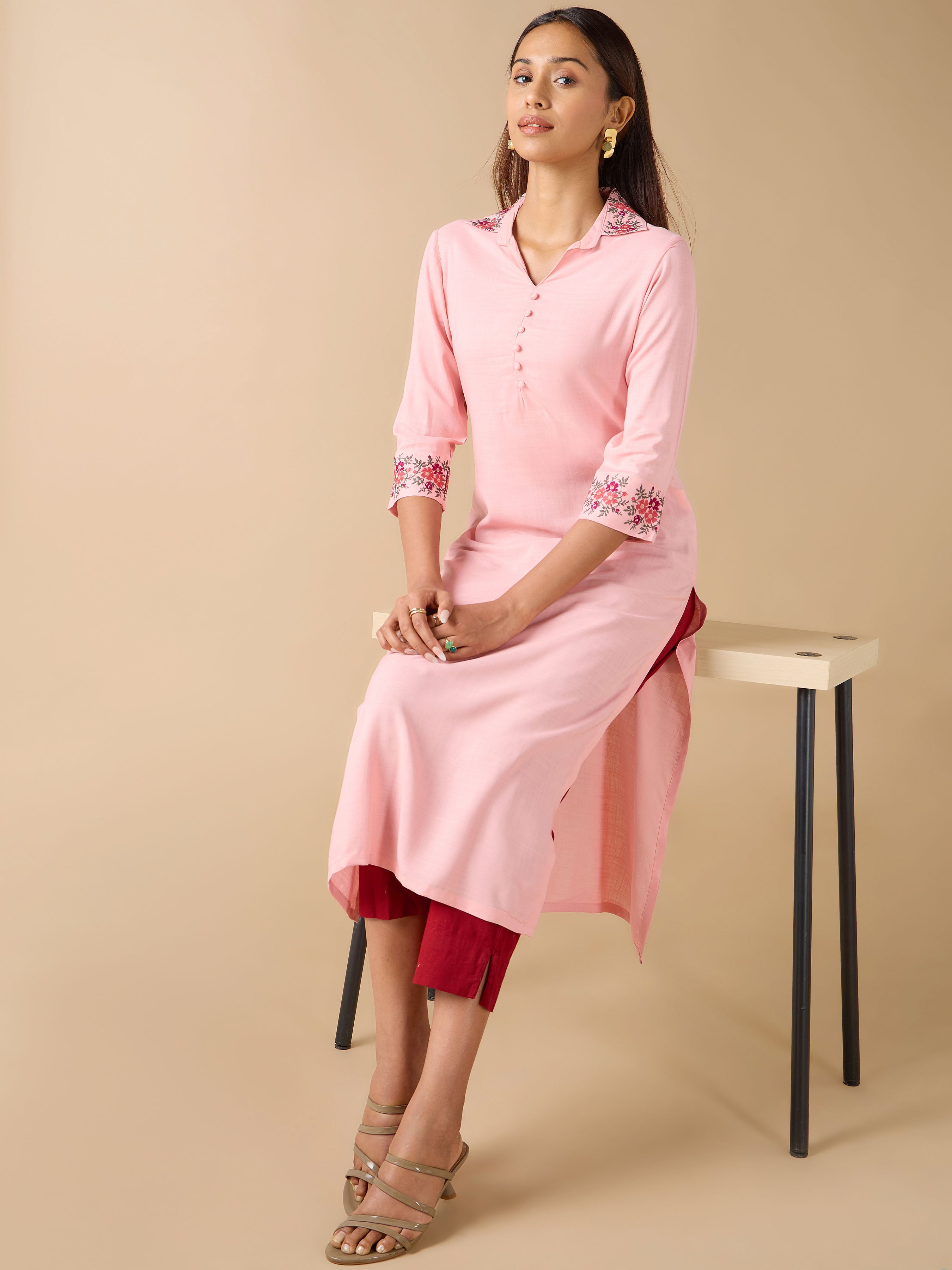 Baby Pink Viscose Slub Kurti With Cross Stitch Embroidery