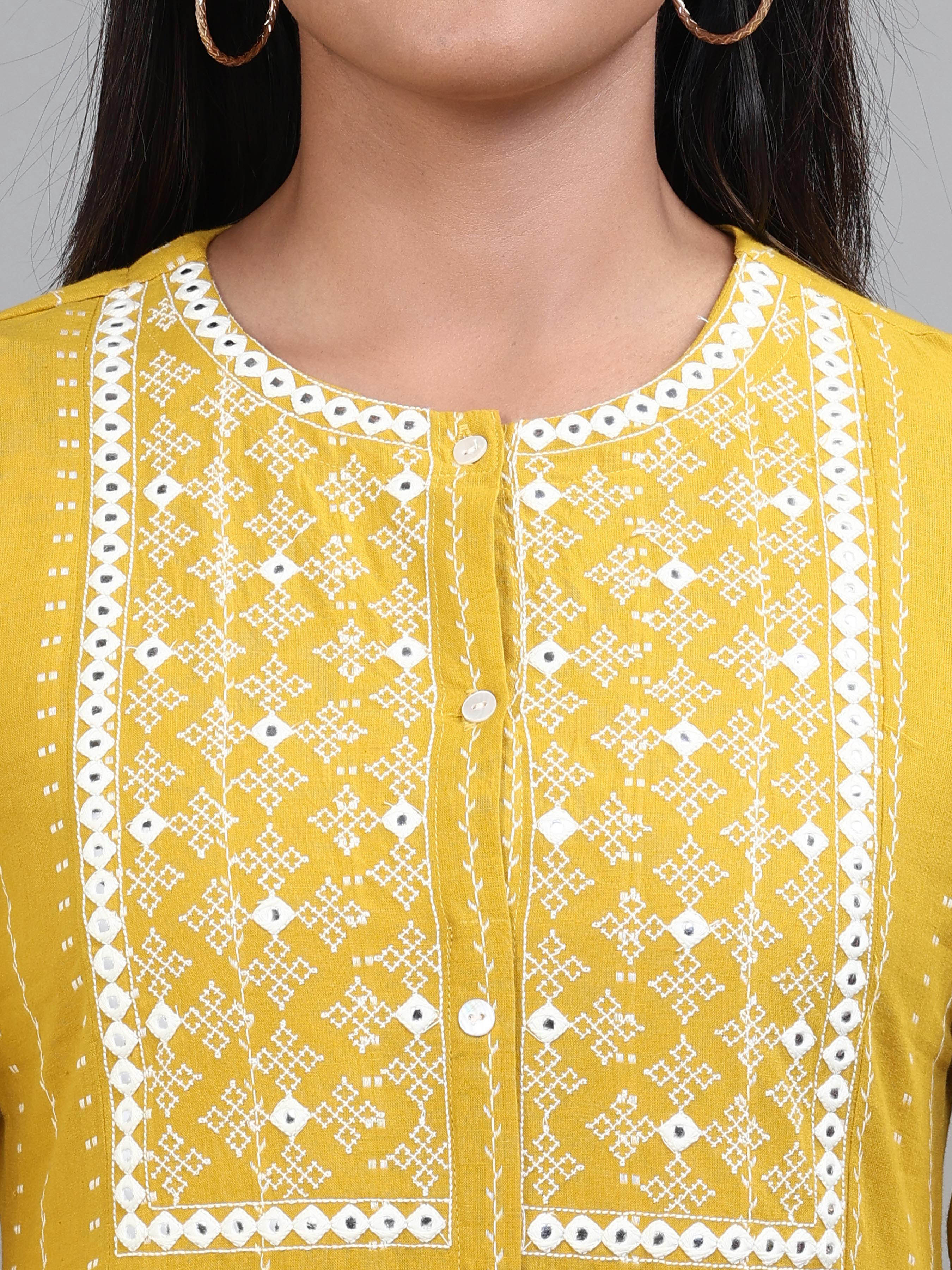 Mustard Yellow Cotton Dobby Kurti With Embroidery
