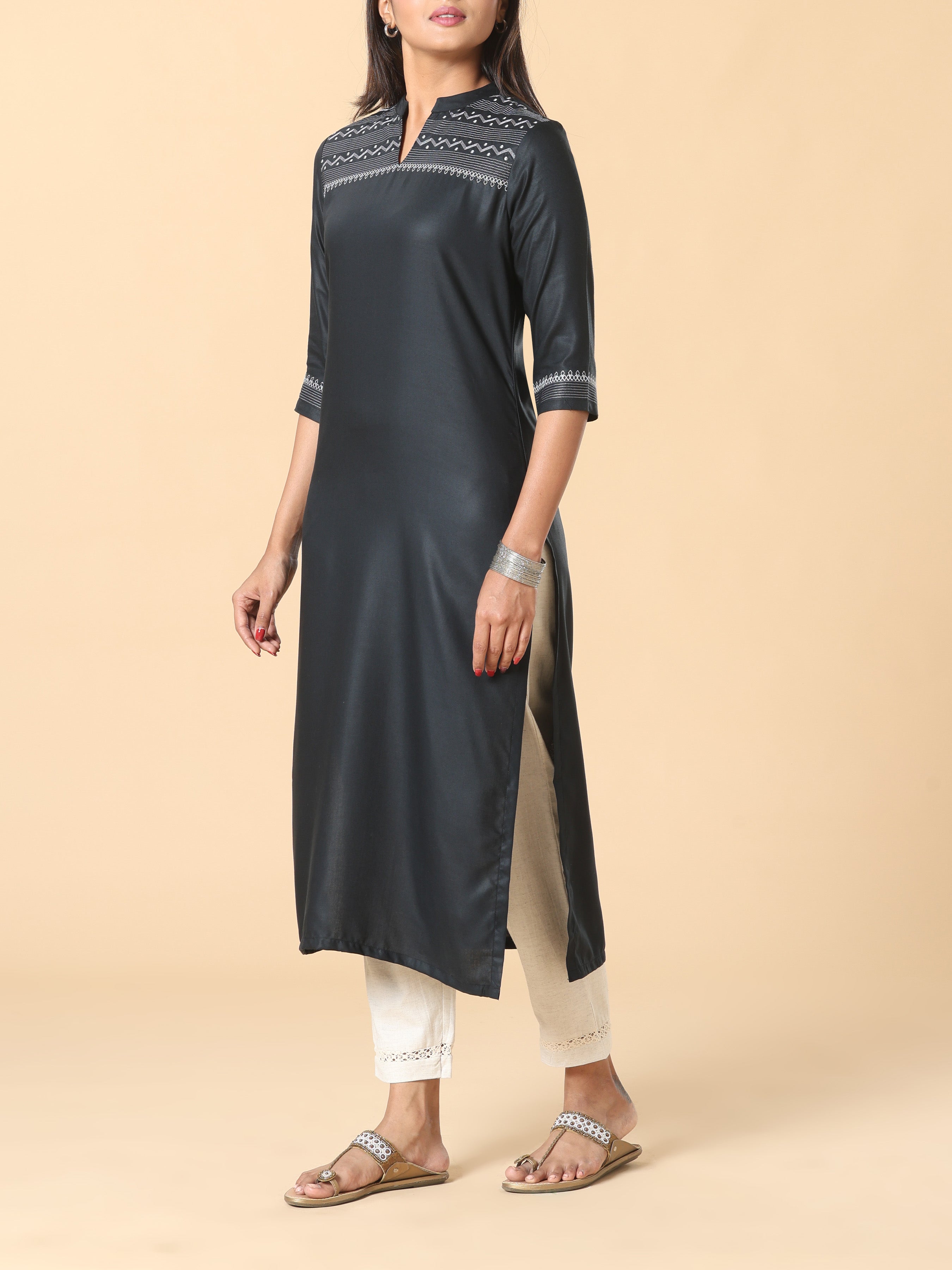 Black Viscose Plain Kurti With Embroidery