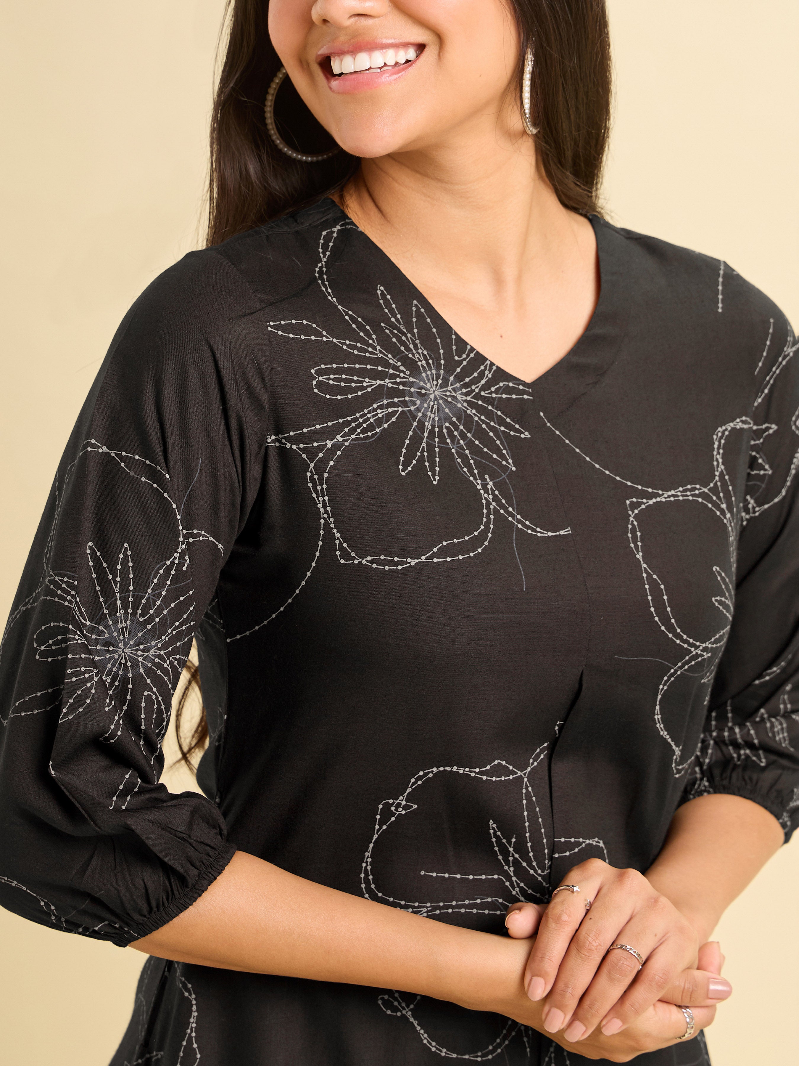 Black And White Tencel Printed Flared Kurti With Box Plaet