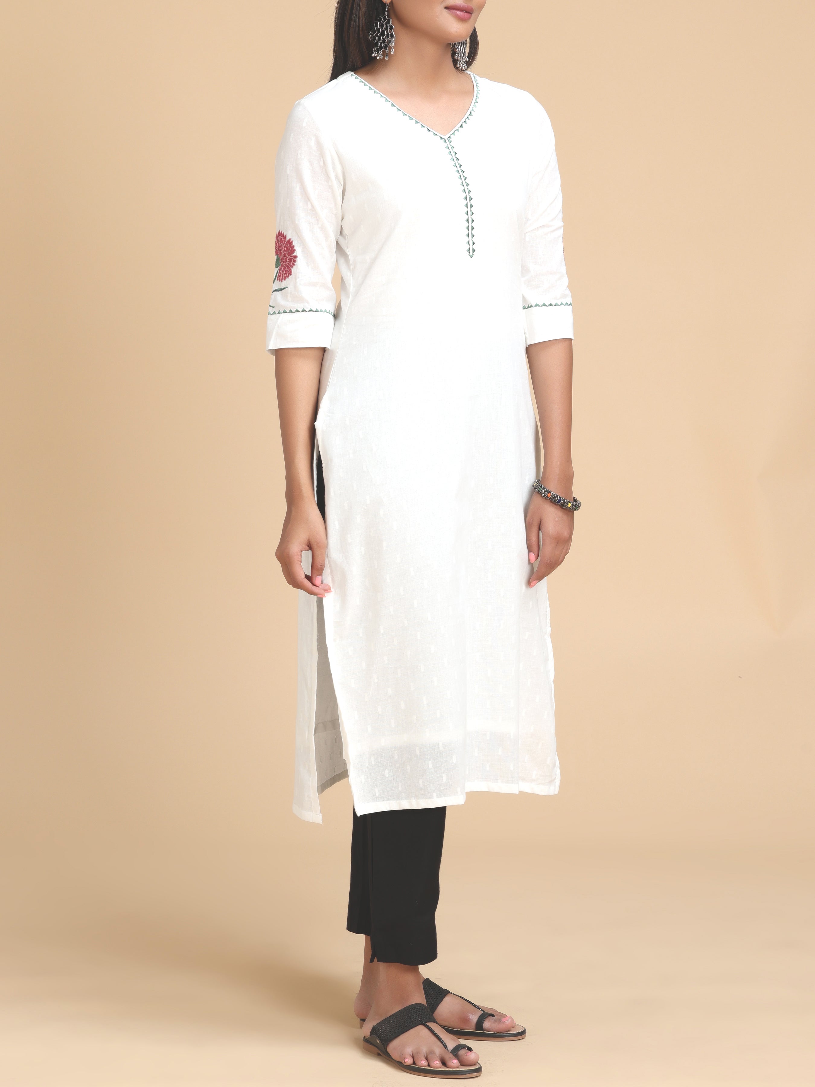 White Cotton Dobby Kurti With Embroidery