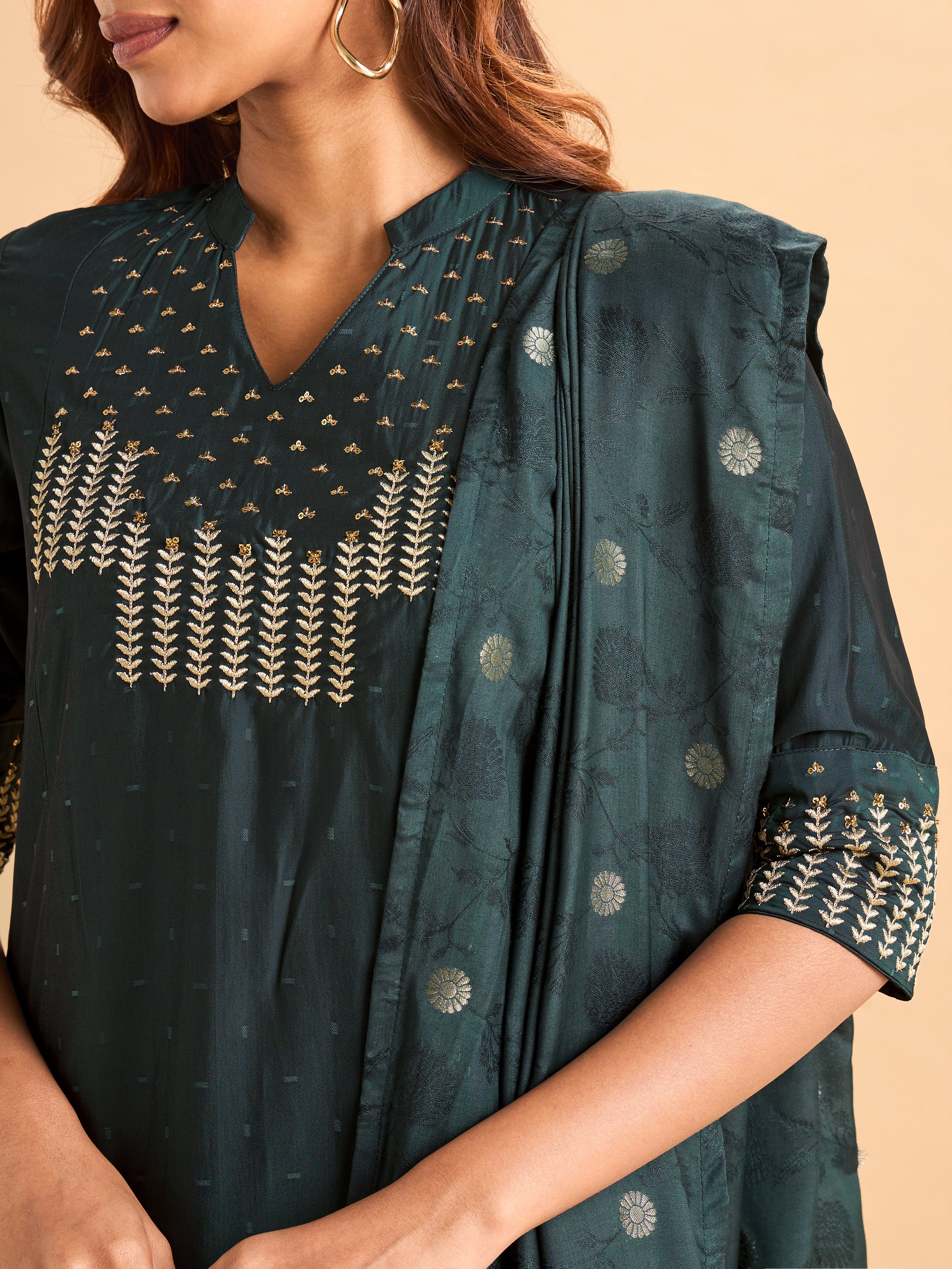Women Wearing Bottle Green Viscose Blend Kurti Set With Dupatta And Handwork Embroidery