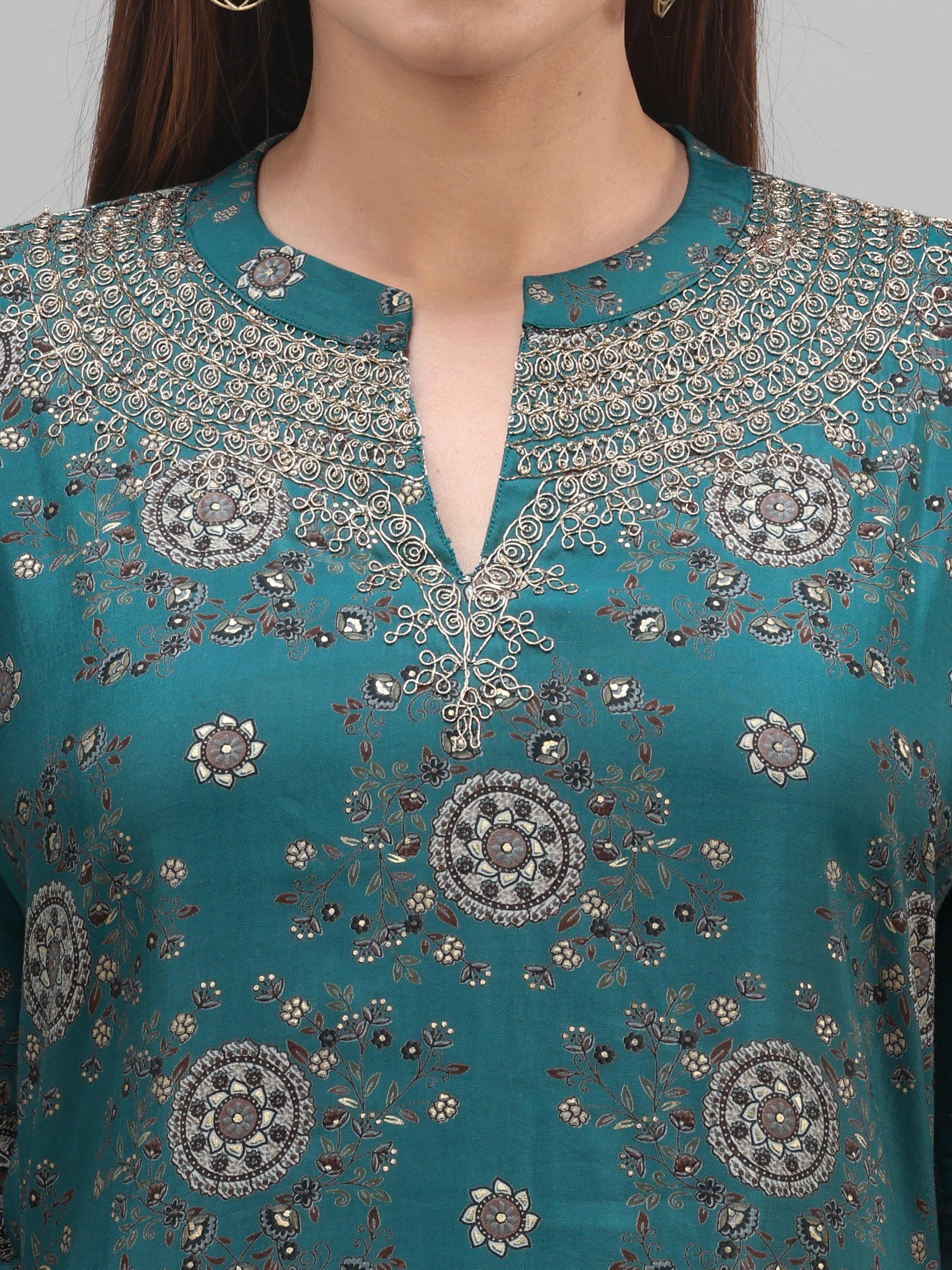 Teal Colour Modal Chanderi Kurti With Print